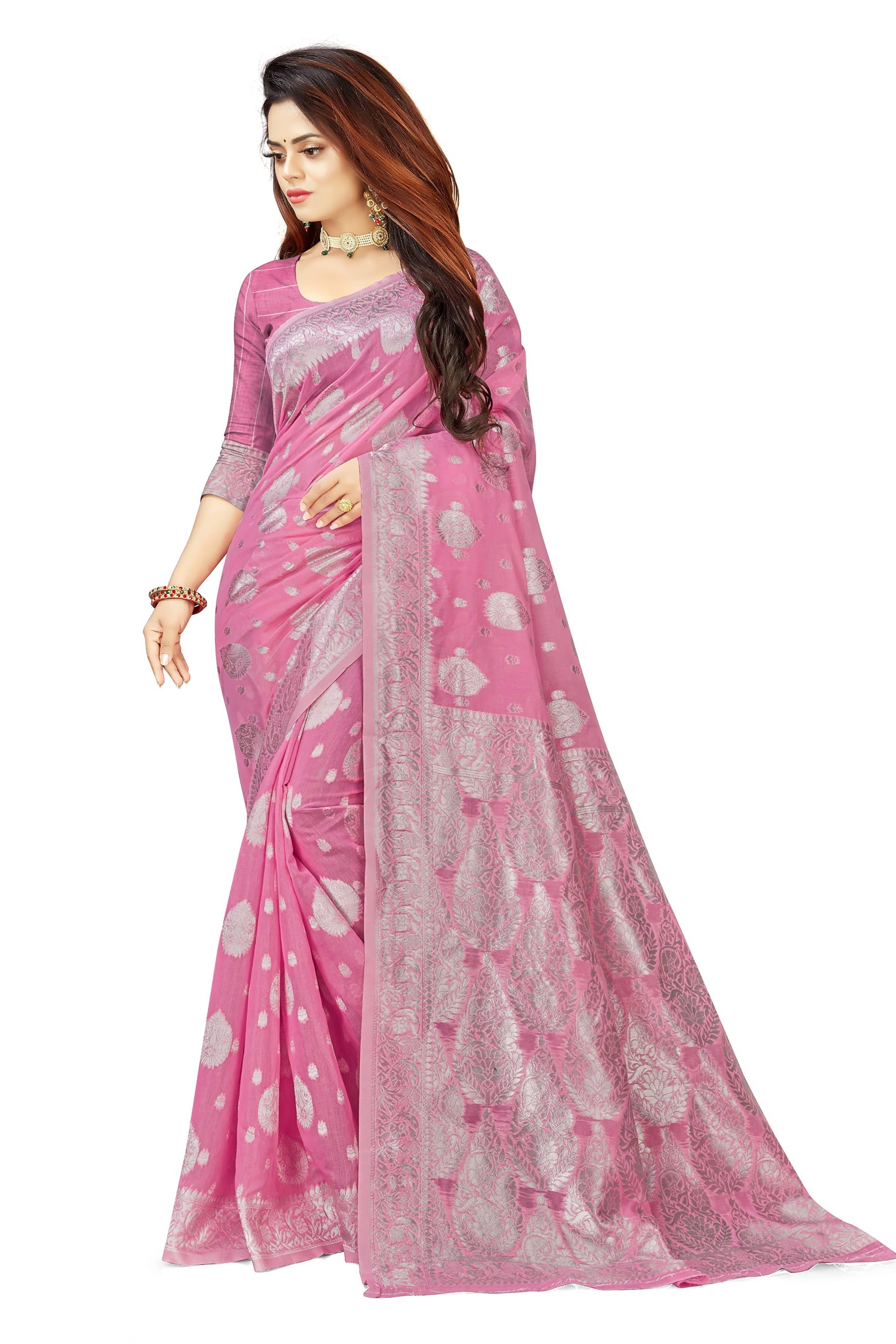 Samai Cotton Embellished Saree With Unstitched Blouse Piece ( Pink ) Samai Cotton Embellished Saree With Unstitched Blouse Piece ( Pink )