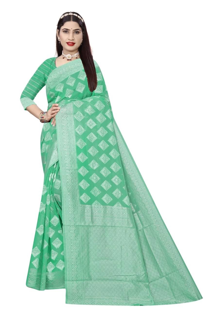 Samai Cotton Woven Saree With Unstitched Blouse Piece ( Rama ) Samai Cotton Woven Saree With Unstitched Blouse Piece ( Rama )