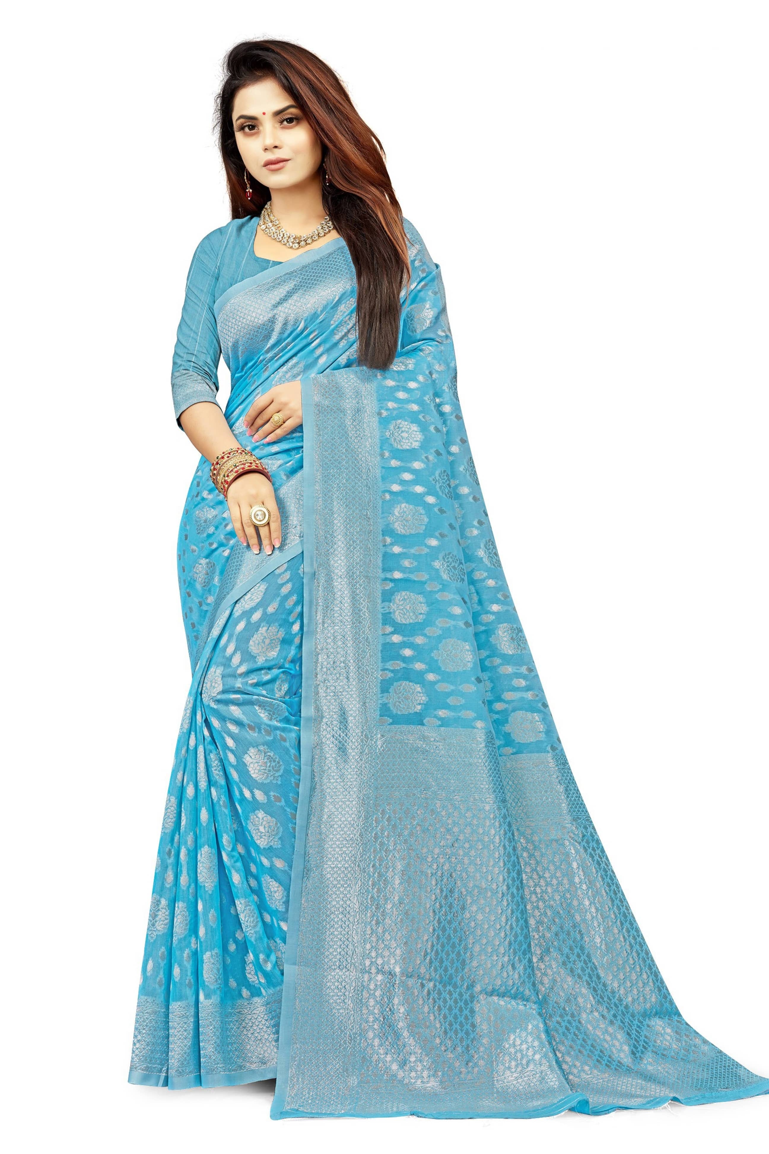 Samai Cotton Woven Saree With Unstitched Blouse Piece ( Rama ) - Sarees | Buy online on ZillyBuy