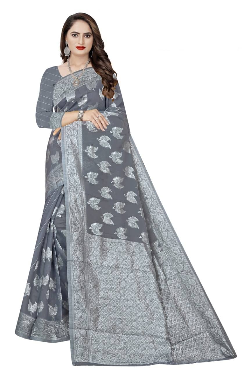Samai Cotton Woven Saree With Unstitched Blouse Piece ( Grey ) - Sarees | Buy online on ZillyBuy