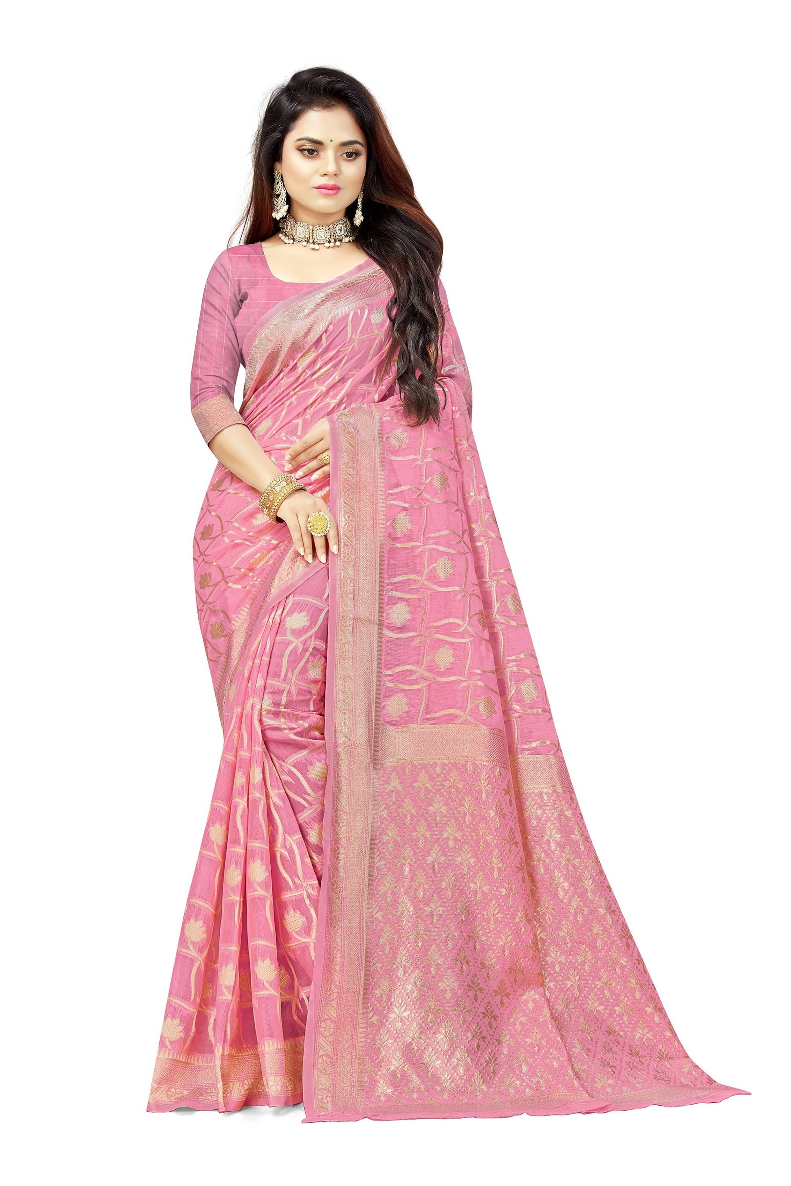 Samai Cotton Woven Saree With Unstitched Blouse Piece ( Pink ) Samai Cotton Woven Saree With Unstitched Blouse Piece ( Pink )