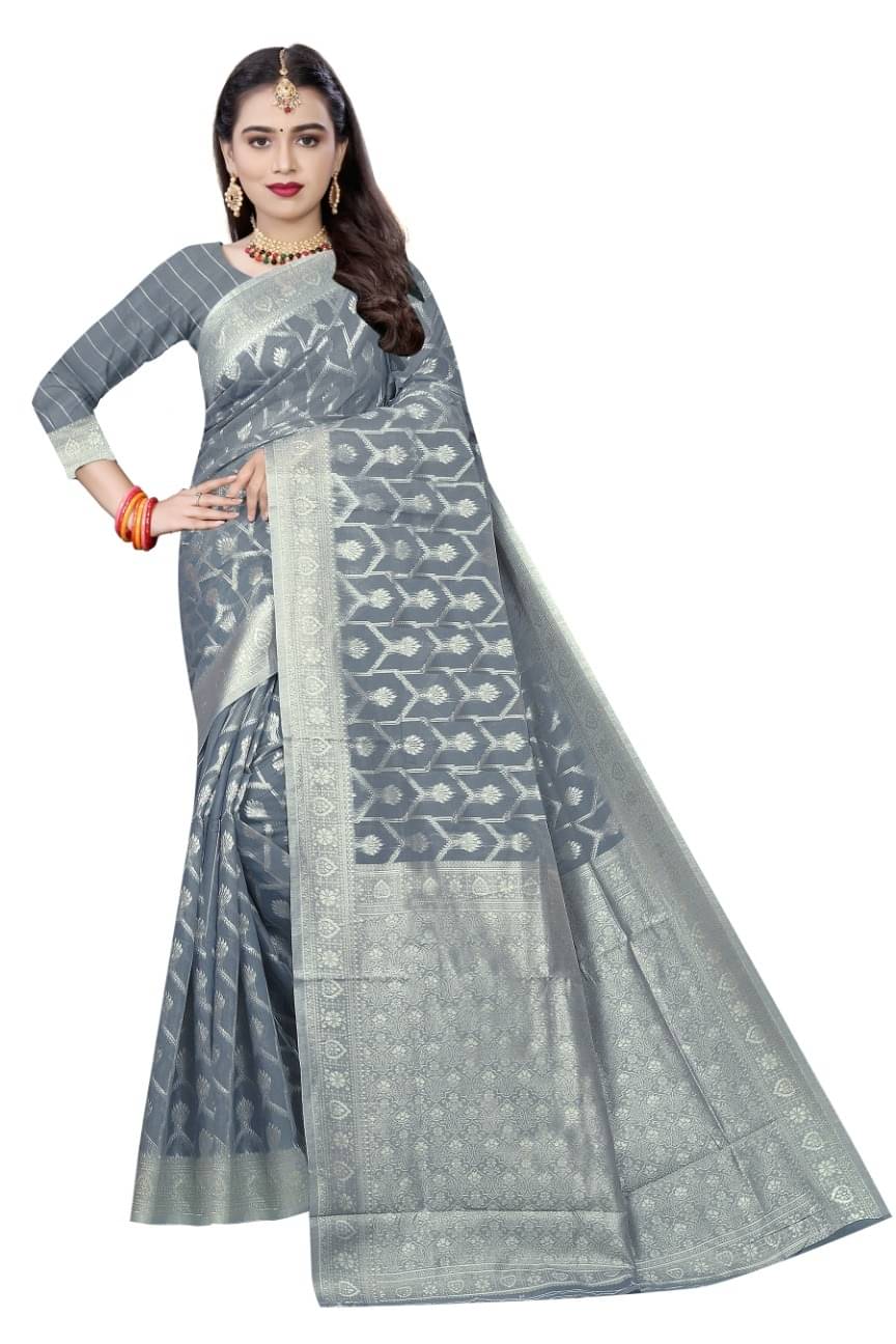 Samai Cotton Woven Saree With Unstitched Blouse Piece ( Grey ) Samai Cotton Woven Saree With Unstitched Blouse Piece ( Grey )