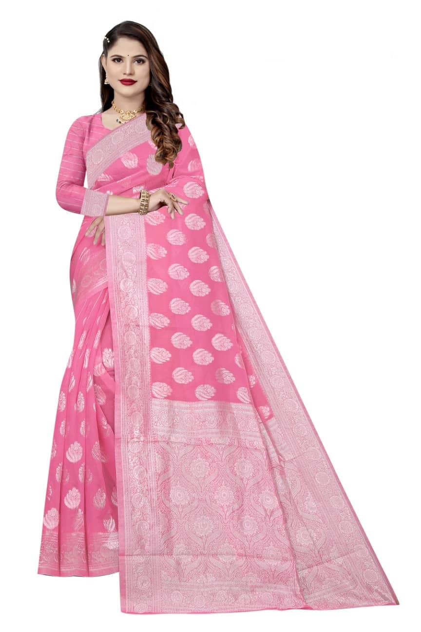Samai Cotton Woven Saree With Unstitched Blouse Piece ( Pink ) - Sarees | Buy online on ZillyBuy