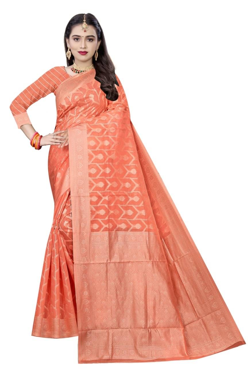 Suntex Cotton Embellished Saree With Unstitched Blouse Piece ( Peach ) Suntex Cotton Embellished Saree With Unstitched Blouse Piece ( Peach )