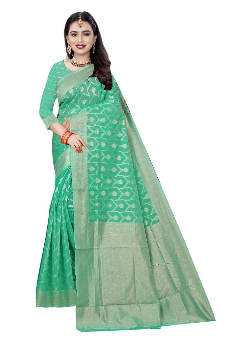 Suntex Cotton Embellished Saree With Unstitched Blouse Piece ( Rama ) Suntex Cotton Embellished Saree With Unstitched Blouse Piece ( Rama )