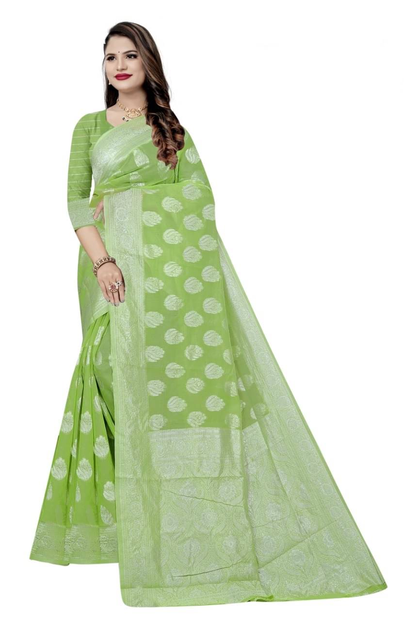     			Suntex Cotton Embellished Saree With Unstitched Blouse Piece ( Light Green )