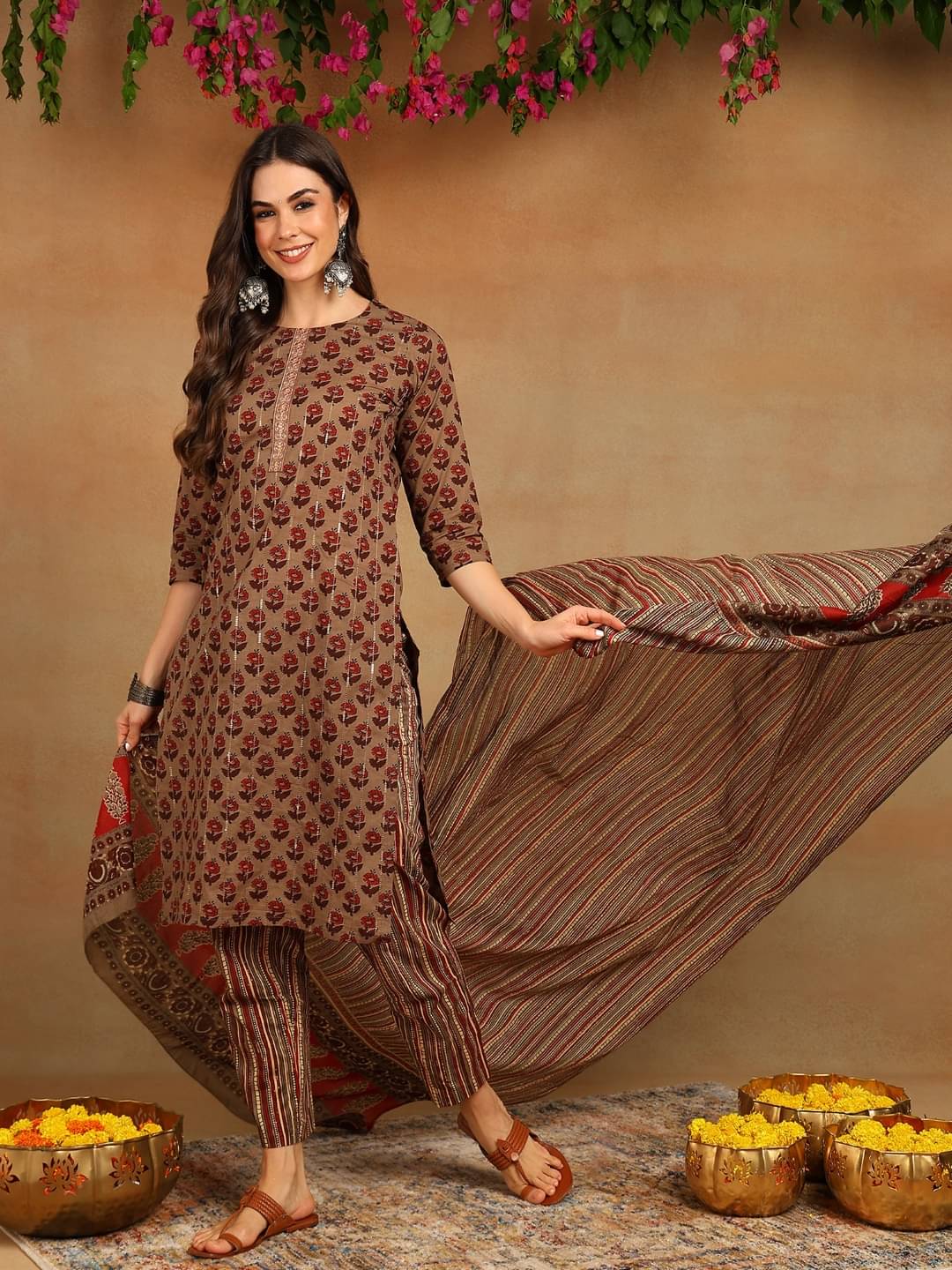     			Vaamsi Cotton Printed Kurti With Pants Women's Stitched Salwar Suit - Brown ( Pack of 1 )