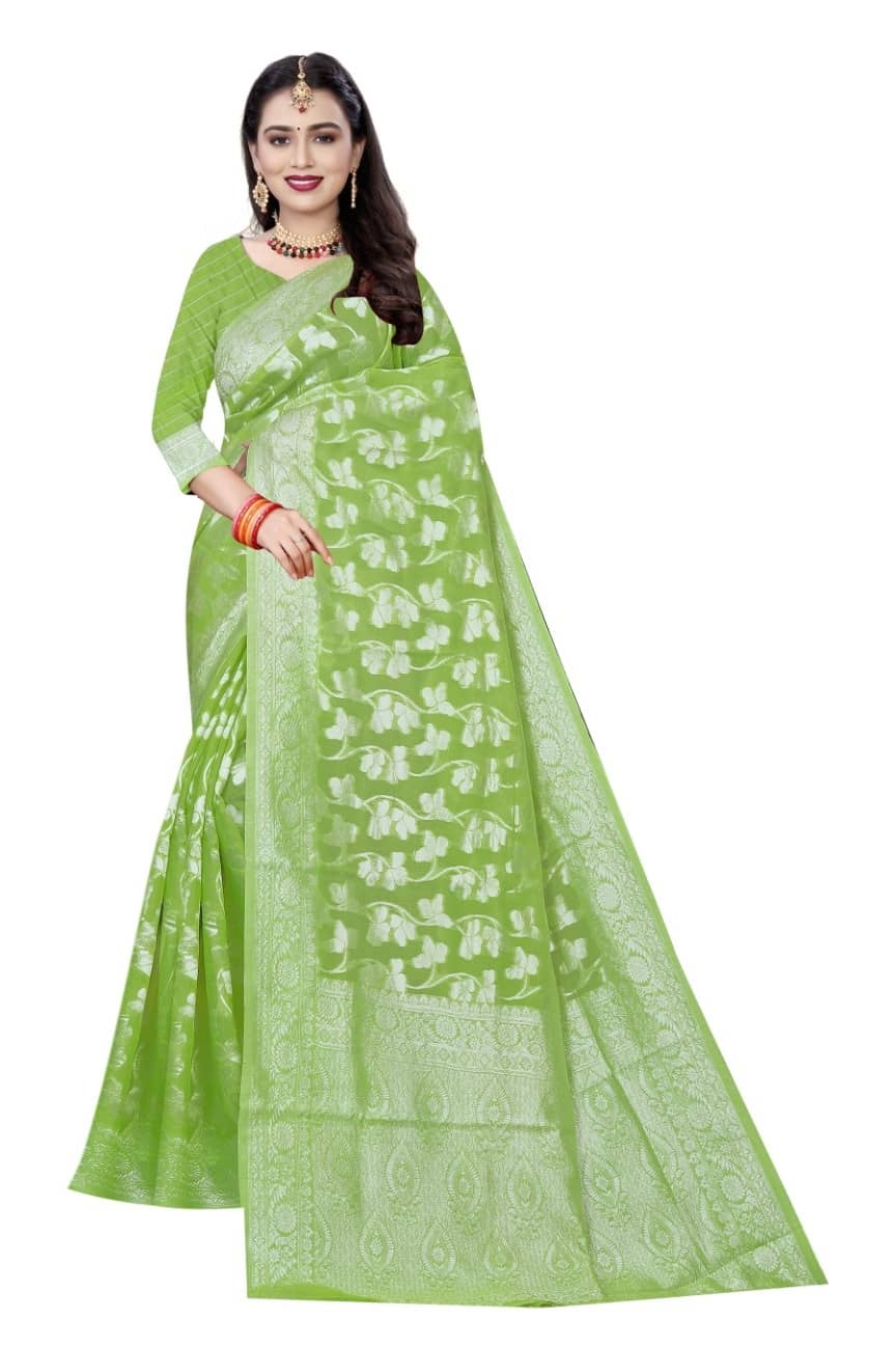 Vkaran Cotton Woven Saree With Unstitched Blouse Piece ( Light Green ) - Sarees | Buy online on ZillyBuy