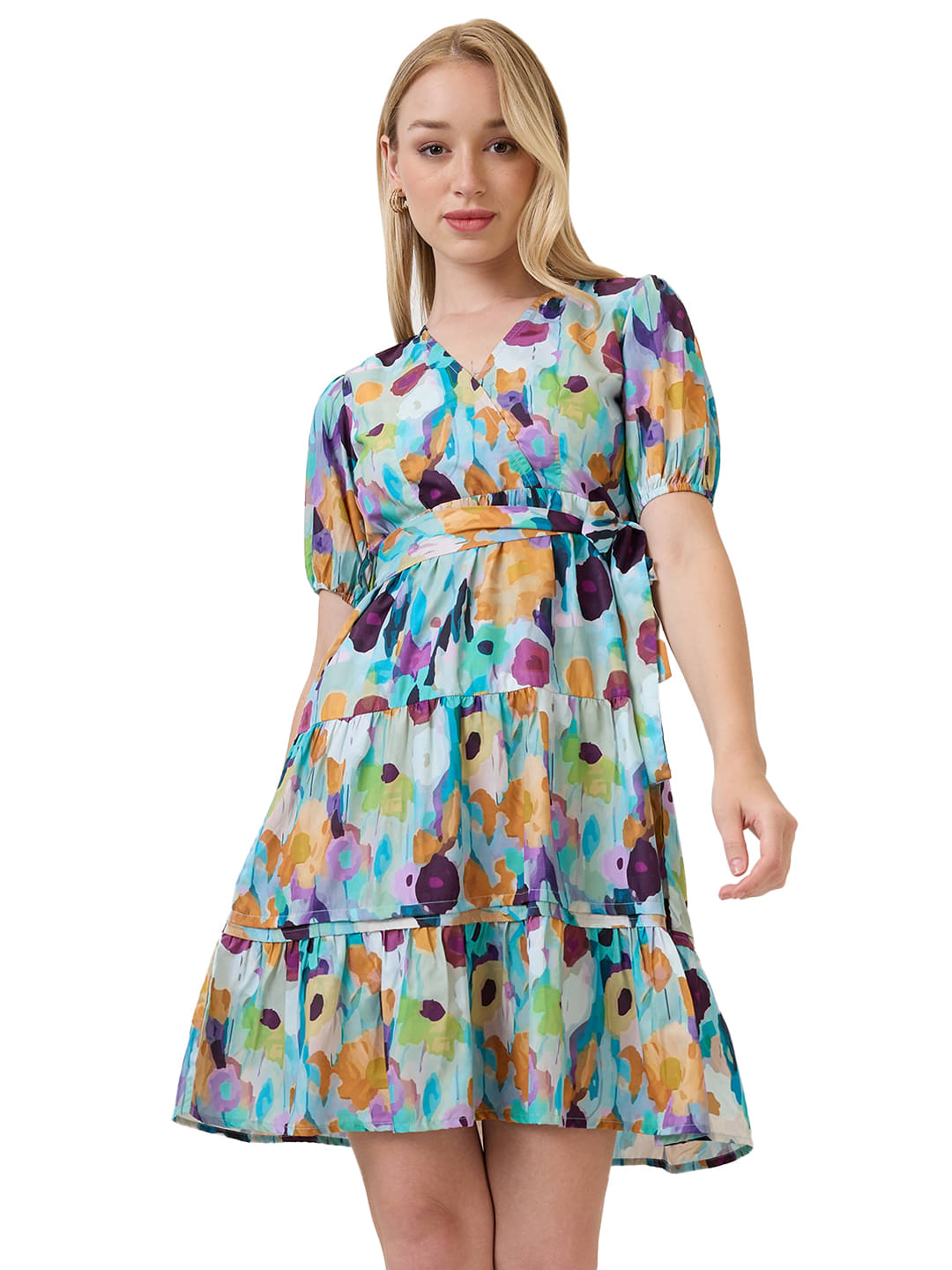     			Amarasha Women Crepe Printed Wrap Dress ( Blue )