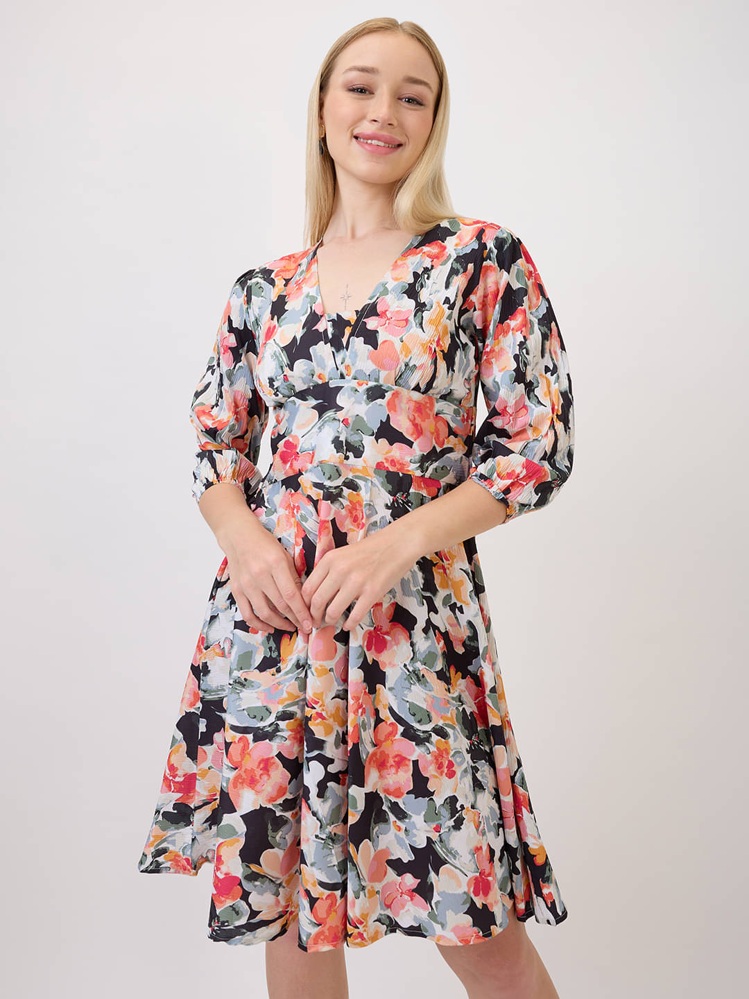 Amarasha Women Polyester Printed Fit & Flare Dress ( Black ) Amarasha Women Polyester Printed Fit & Flare Dress ( Black )
