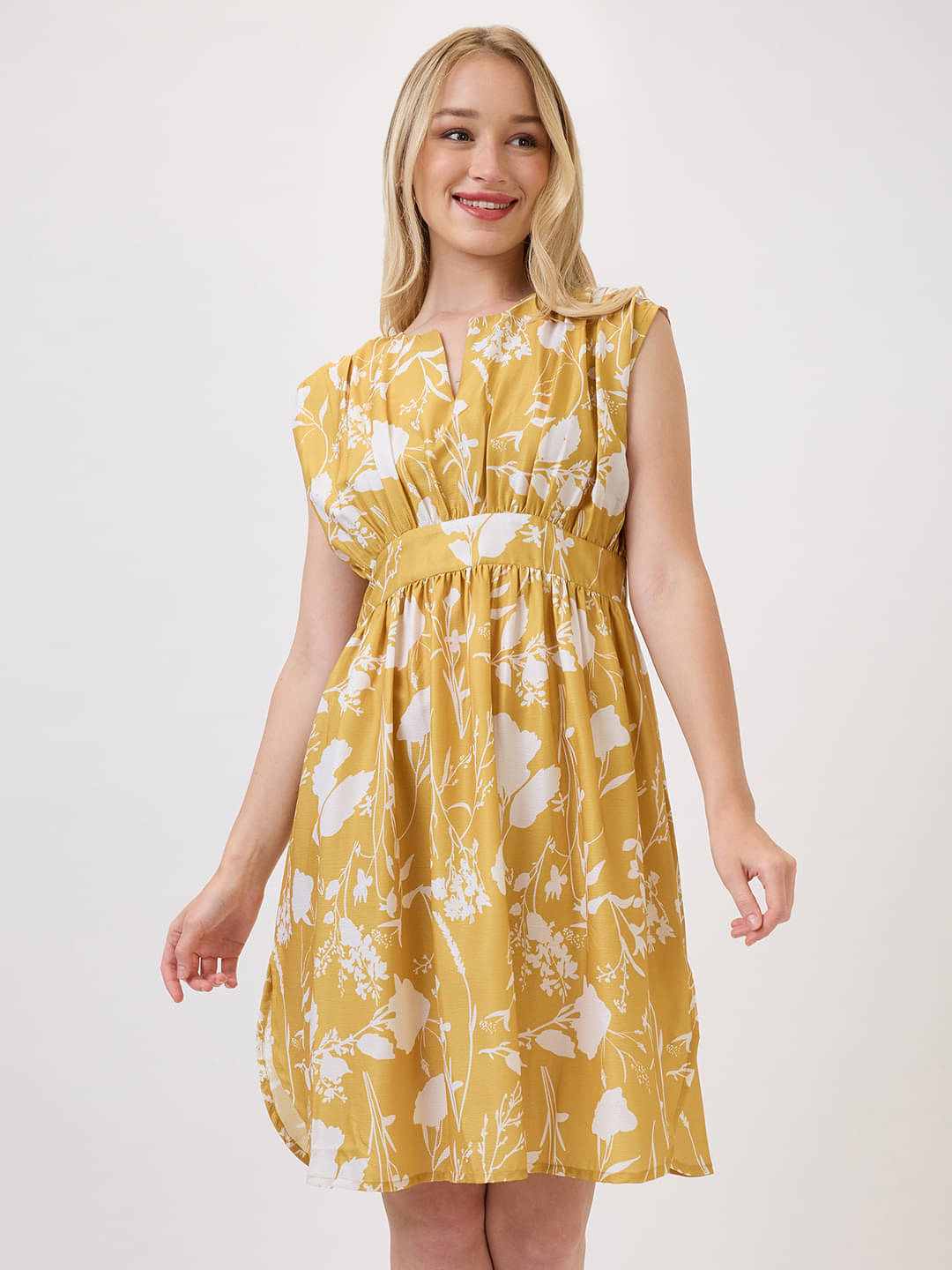 Amarasha Women Polyester Printed Fit & Flare Dress ( Yellow )     			Amarasha Women Polyester Printed Fit & Flare Dress ( Yellow )