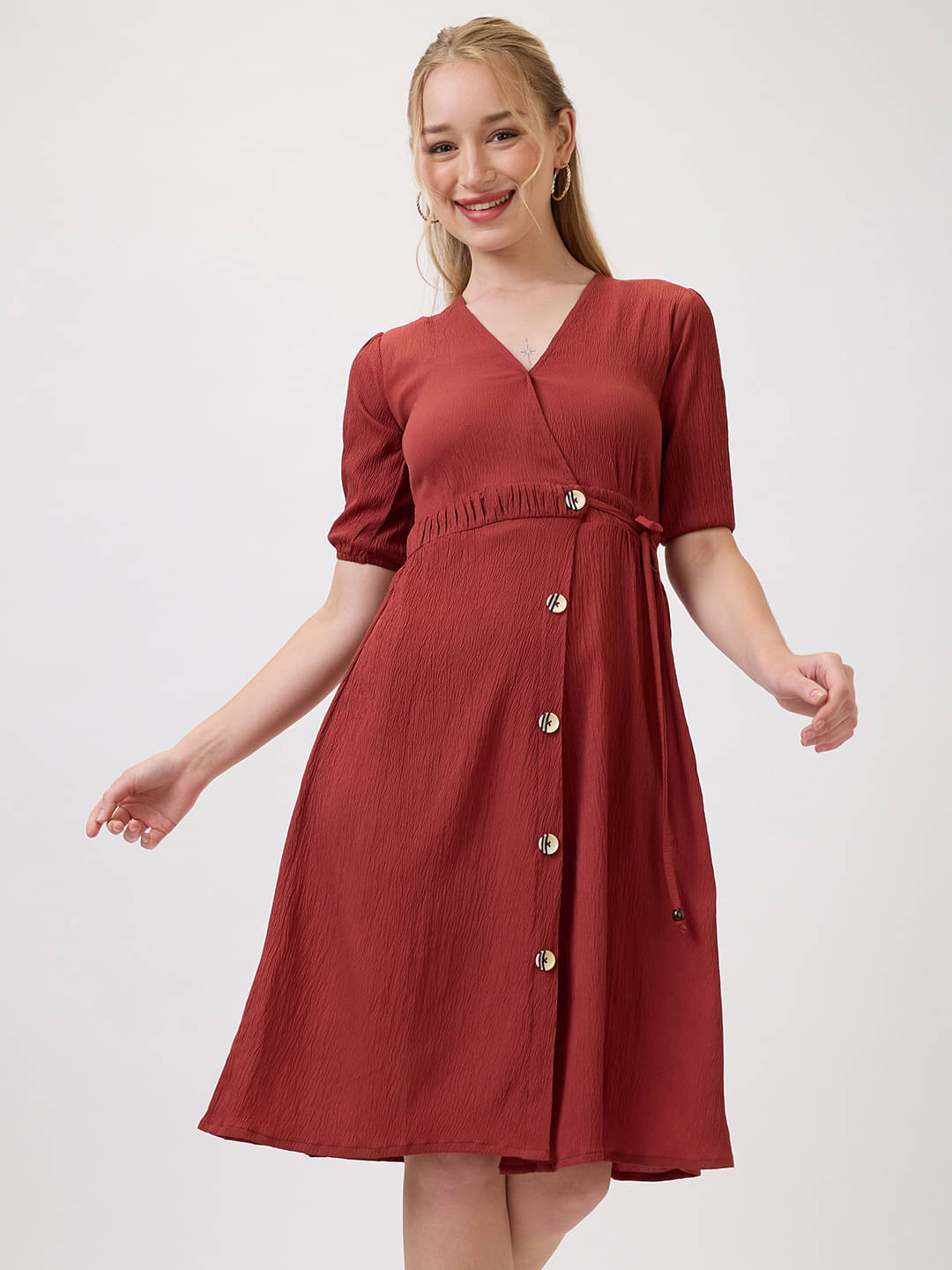     			Amarasha Women Polyester Solid Fit & Flare Dress ( Brown )