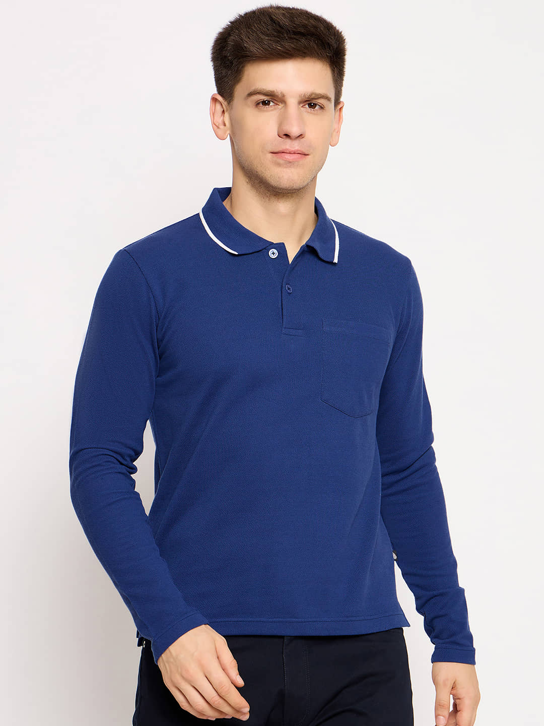 Club York Pack of 1 Cotton Blend Regular Fit Solid Full Sleeves Men's Polo T Shirt ( Blue )