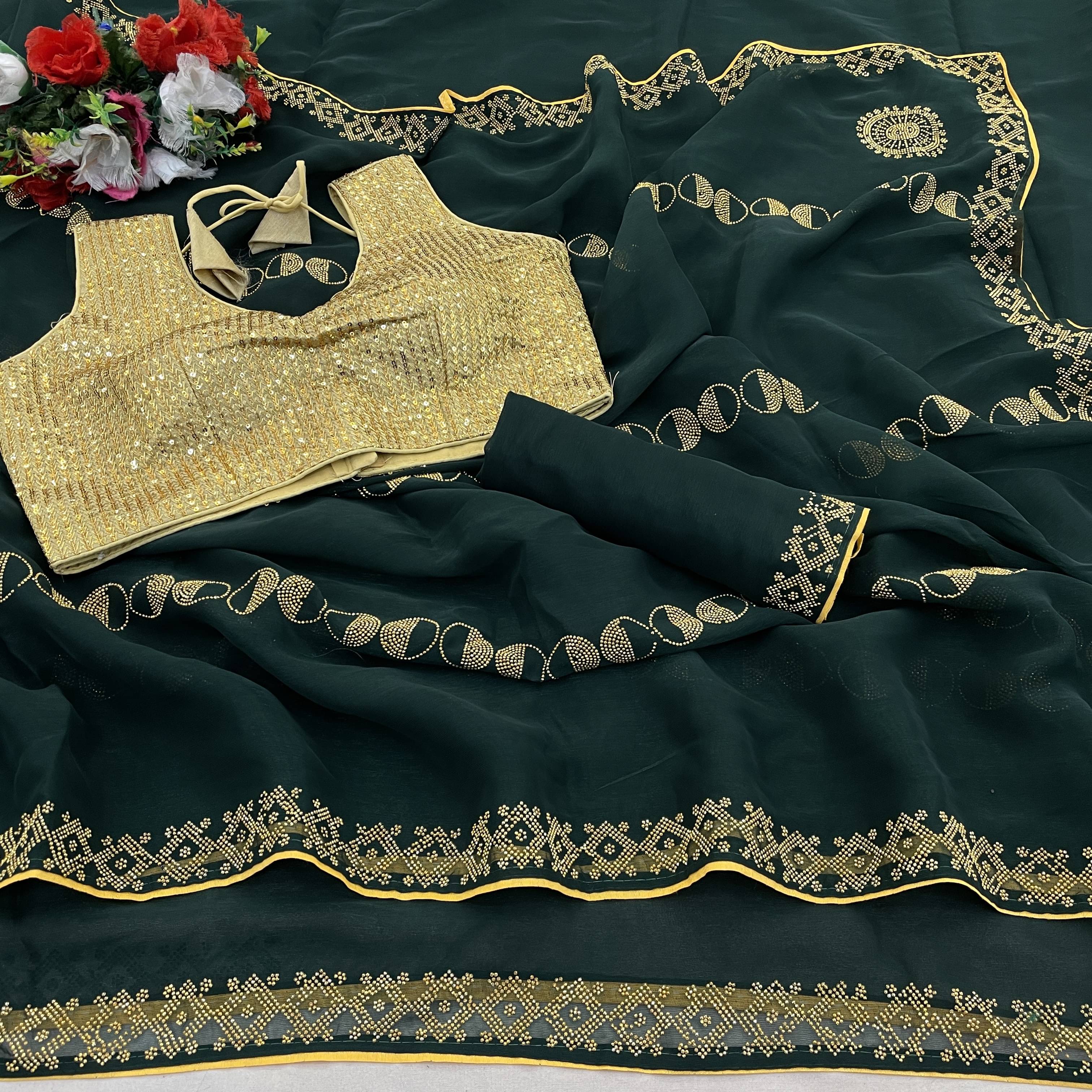     			Gullak Crepe Embellished Saree With Stitched Blouse ( Green )