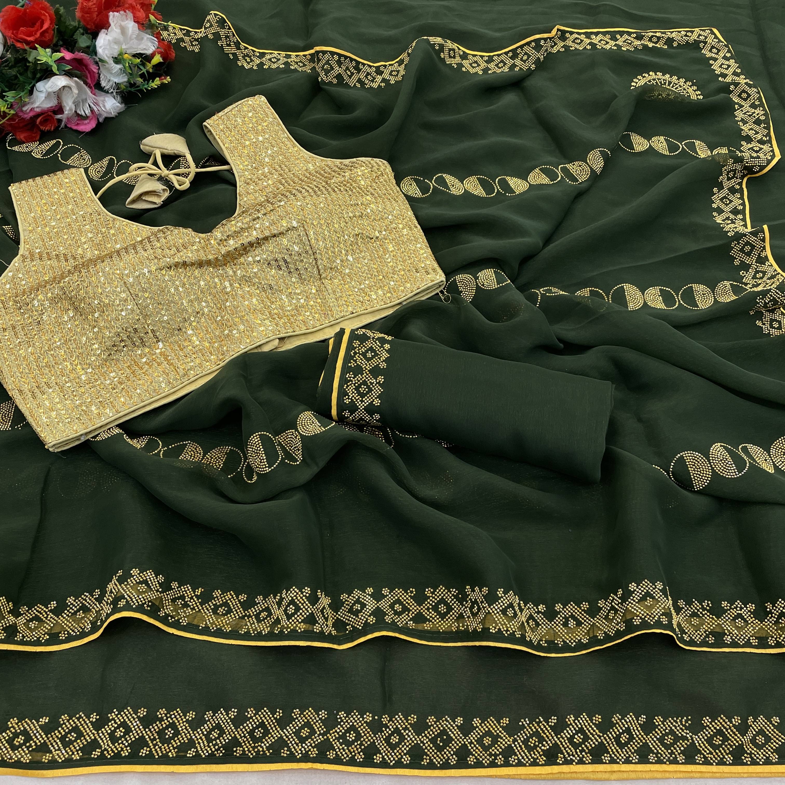 Gullak Crepe Embellished Saree With Stitched Blouse ( Green ) Gullak Crepe Embellished Saree With Stitched Blouse ( Green )