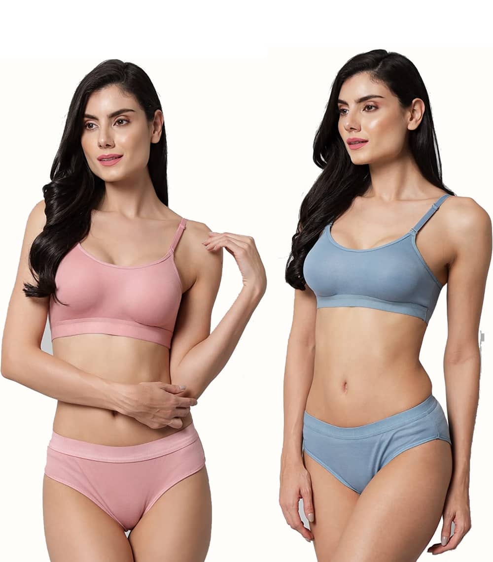 Ishant Pack of 2 Cotton Bra & Panty Set For Women ( Pink,Blue )