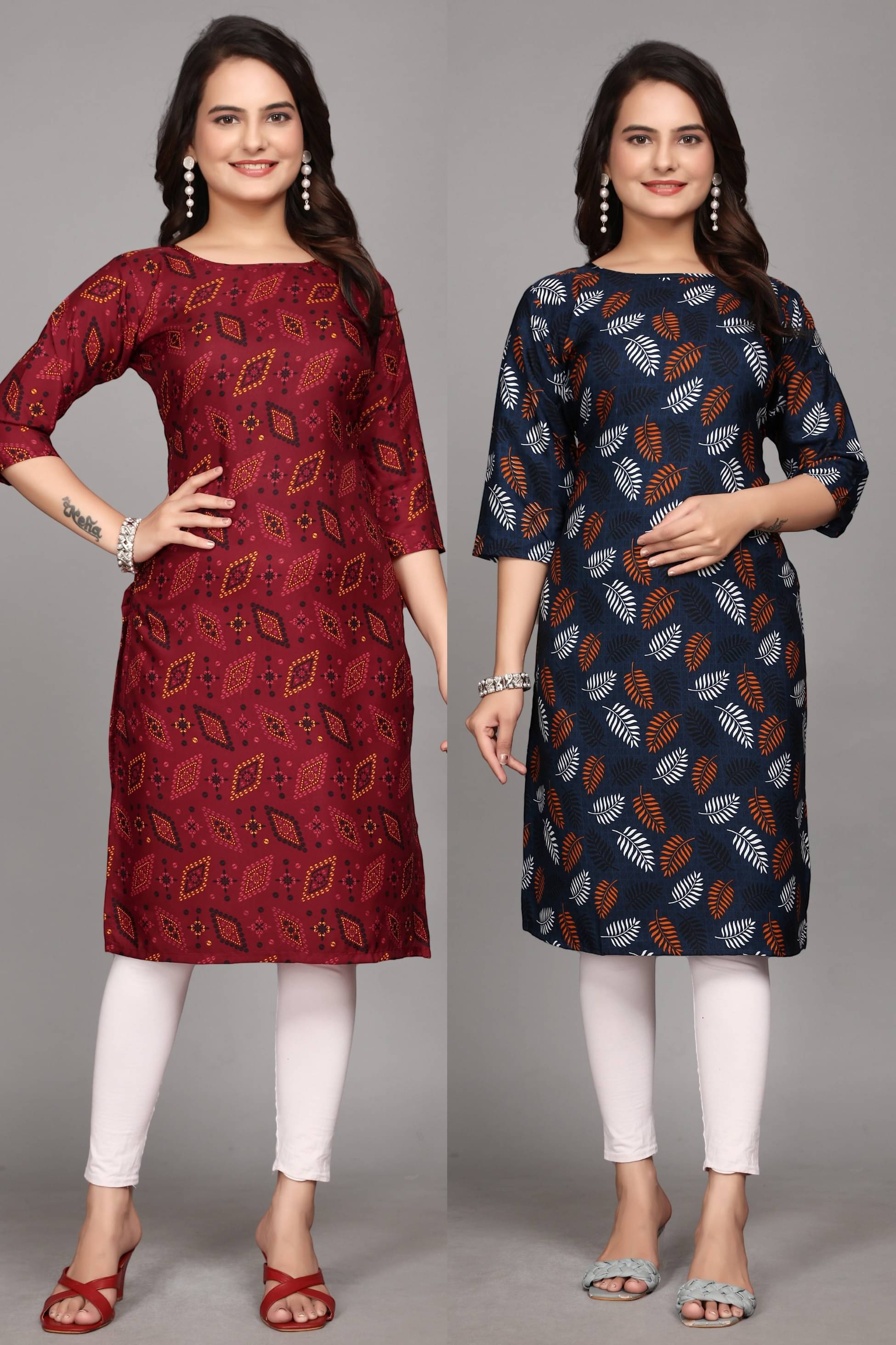 KALAVRITTA Pack of 2 Crepe Printed Straight Women's Kurti - ( Multicoloured ) KALAVRITTA Pack of 2 Crepe Printed Straight Women's Kurti - ( Multicoloured )