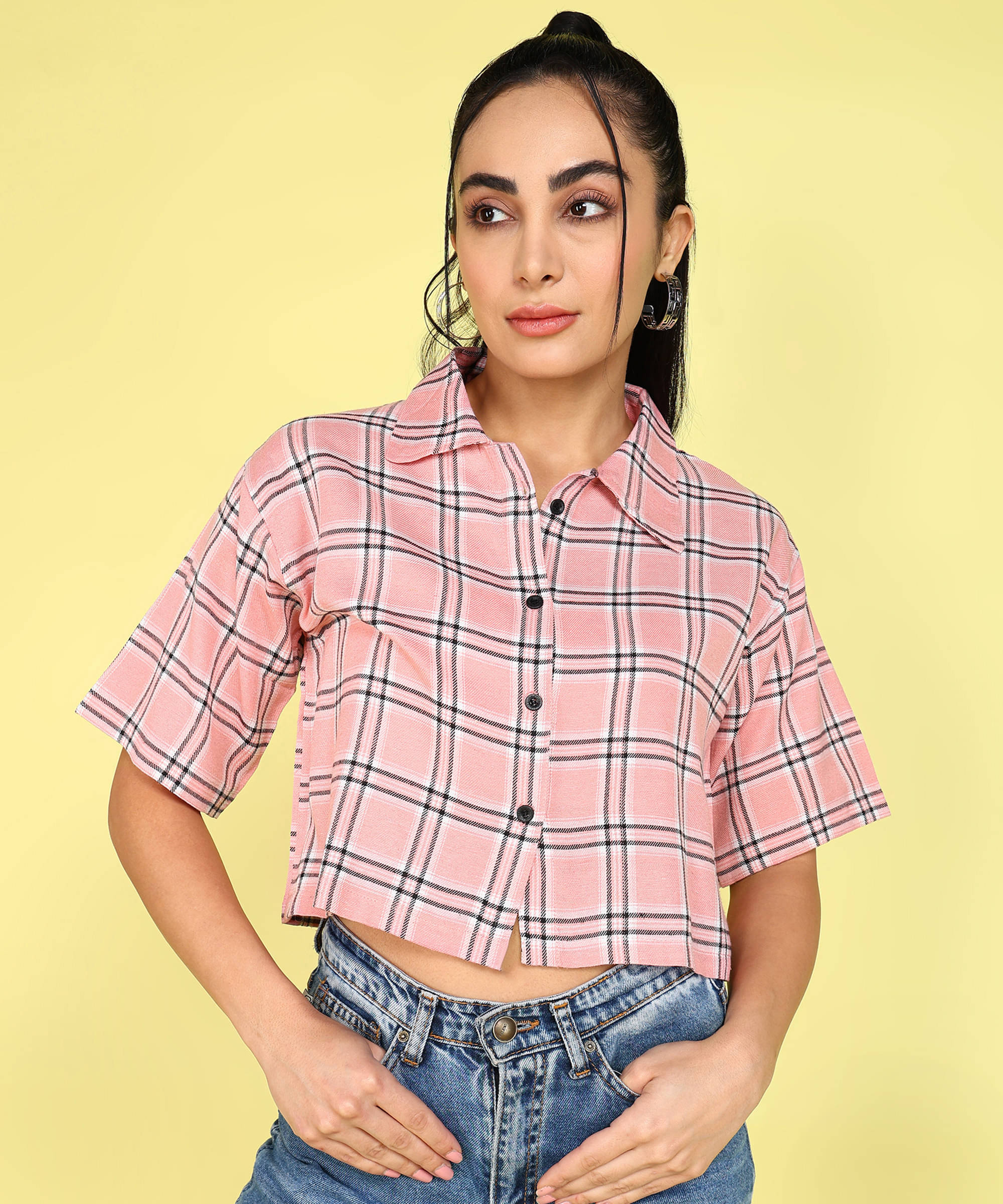 Kashian Women Checks Cotton Shirt ( Black ) Kashian Women Checks Cotton Shirt ( Black )