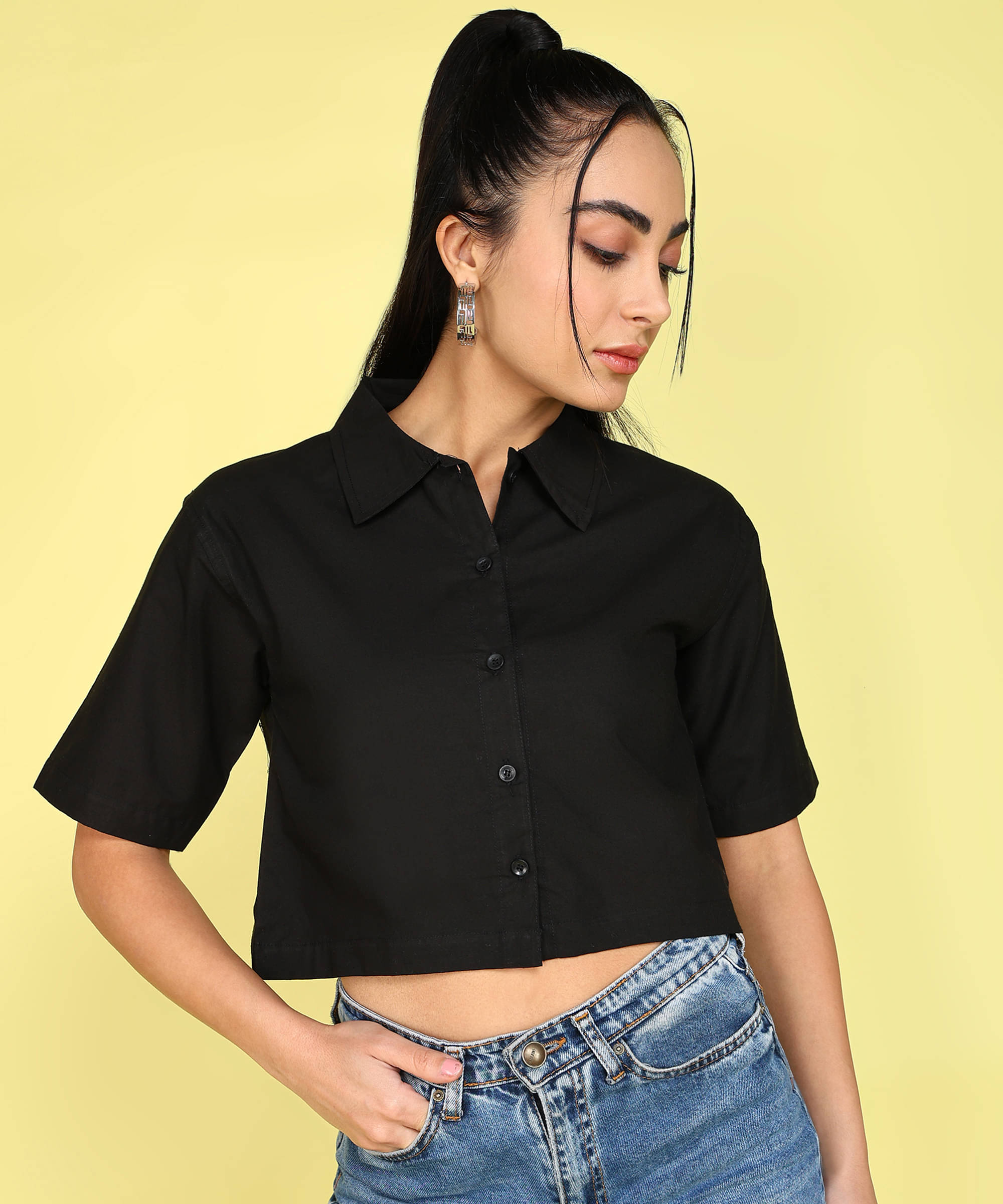 Kashian Women Solid Cotton Shirt ( Black )     			Kashian Women Solid Cotton Shirt ( Black )
