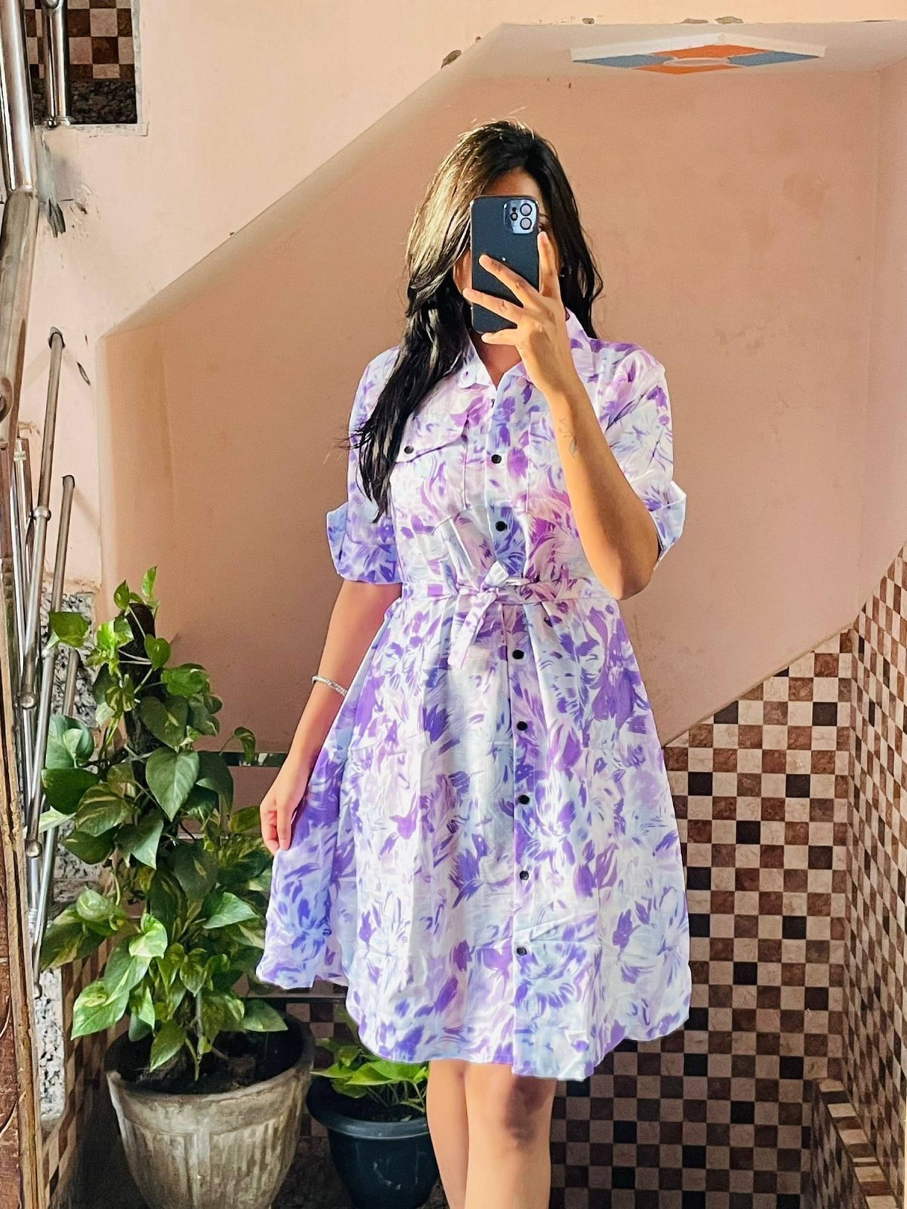     			Kashian Women Cotton Blend Printed Fit & Flare Dress ( Purple )