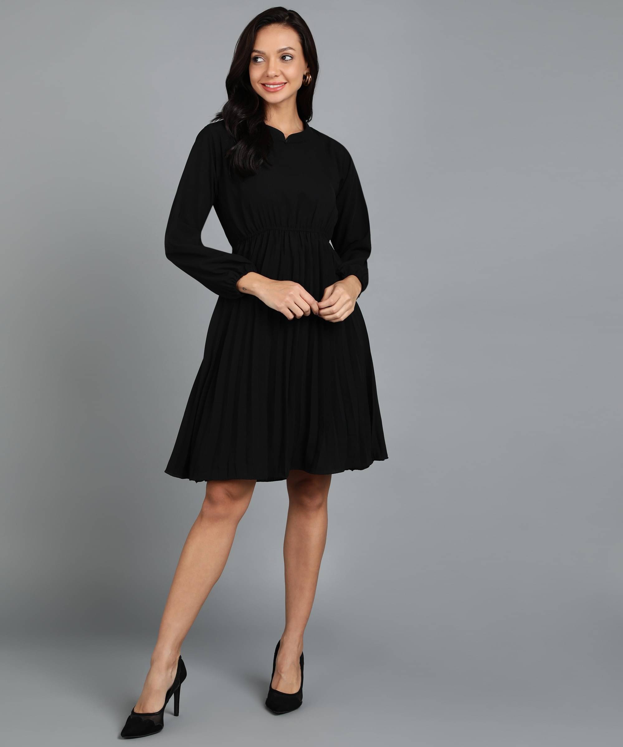 Kashian Women Cotton Linen Solid Fit & Flare Dress ( Black ) Kashian Women Cotton Linen Solid Fit & Flare Dress ( Black )