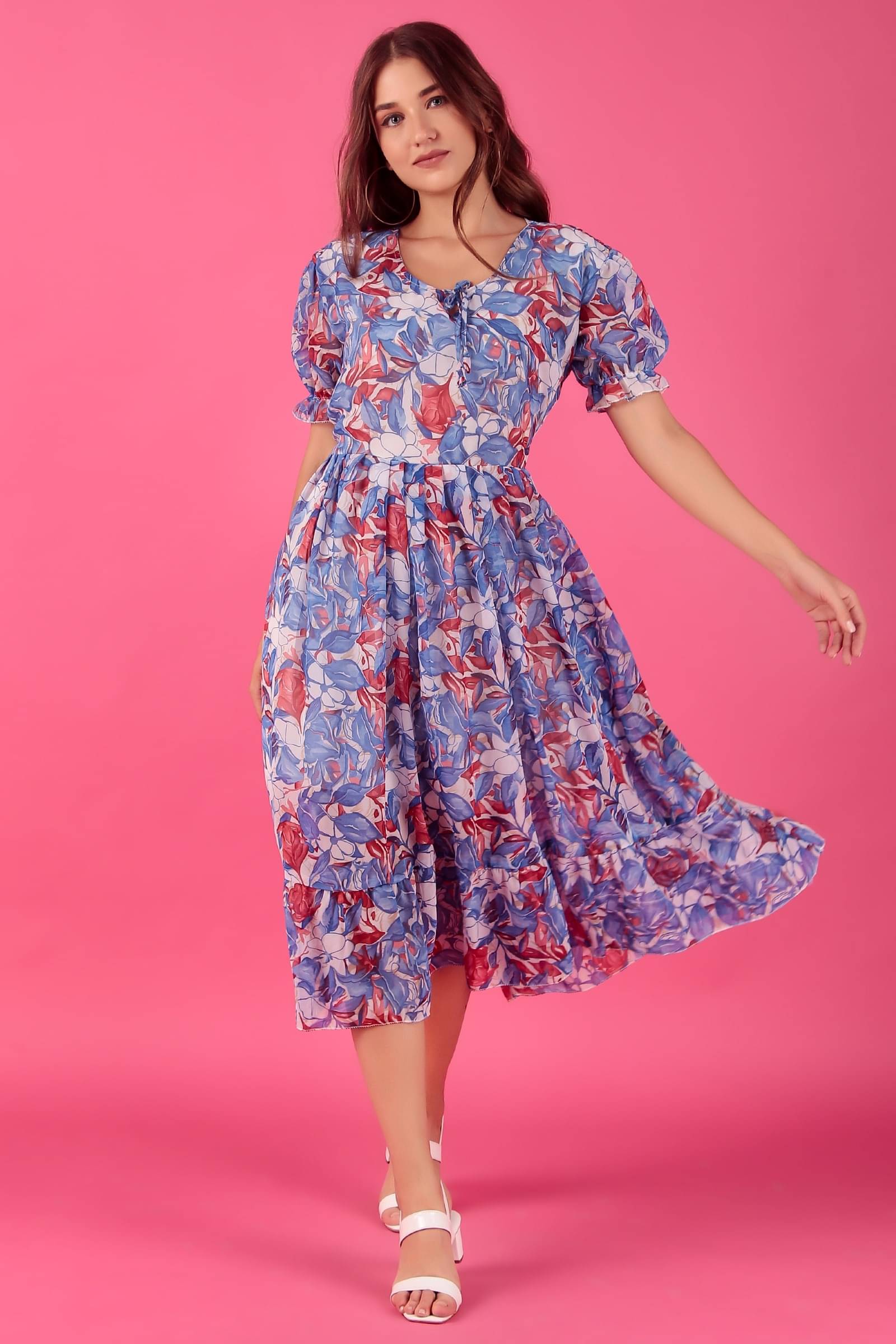 Kashian Women Georgette Printed Fit & Flare Dress ( Blue ) Kashian Women Georgette Printed Fit & Flare Dress ( Blue )