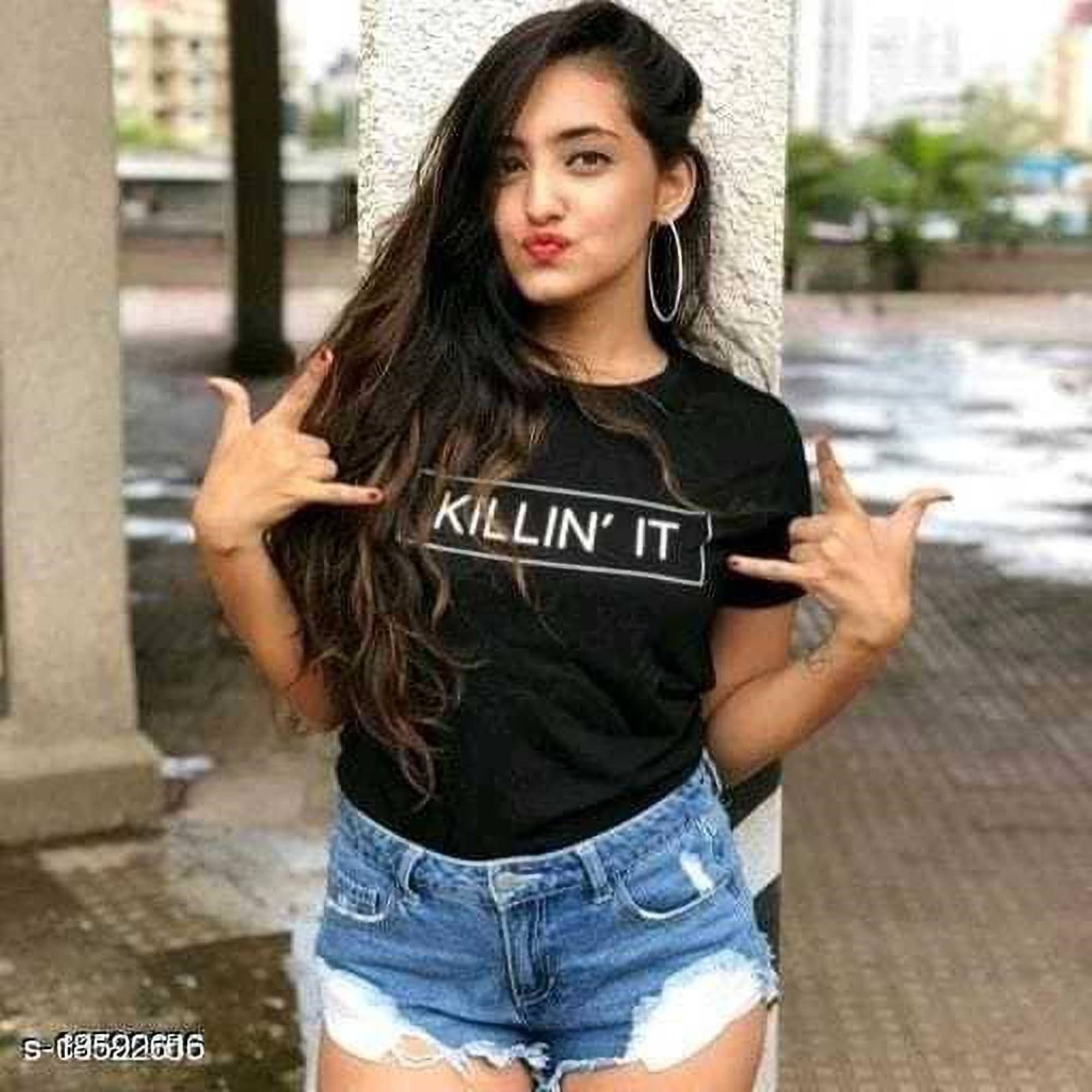 Kashian Women Cotton Blend Printed Regular Fit Round Neck T-Shirt ( Black ) Kashian Women Cotton Blend Printed Regular Fit Round Neck T-Shirt ( Black )