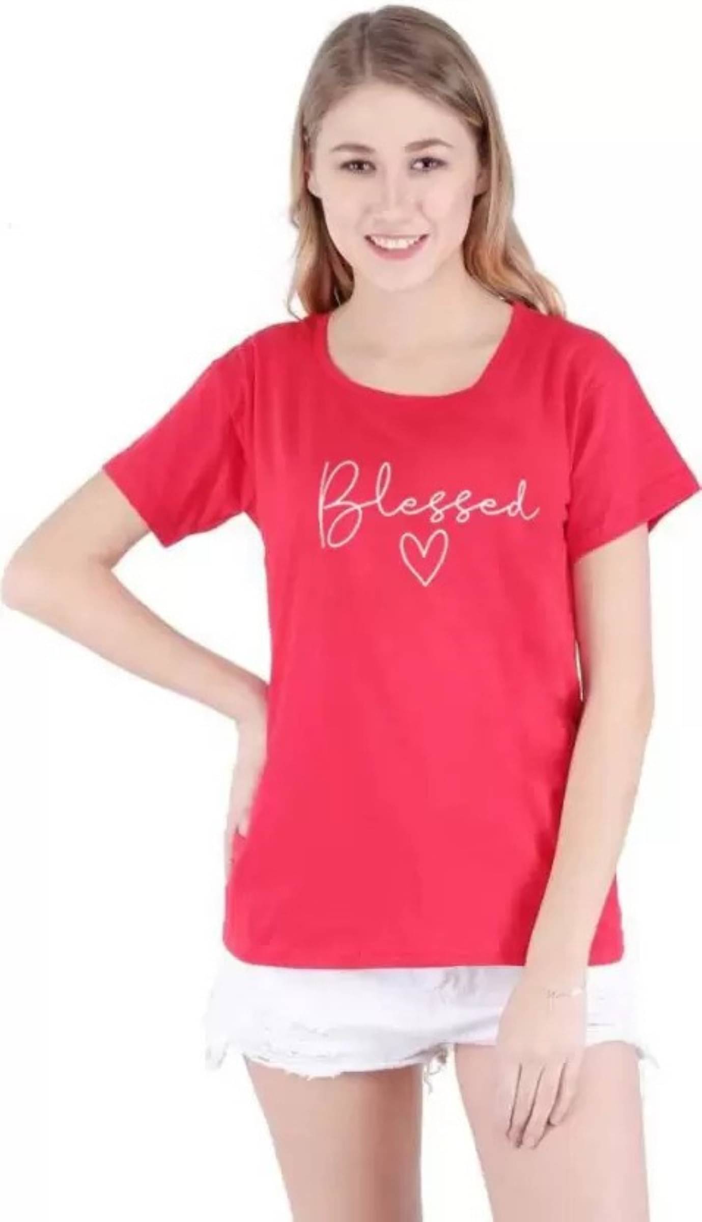     			Kashian Women Cotton Blend Printed Regular Fit Round Neck T-Shirt ( Red )