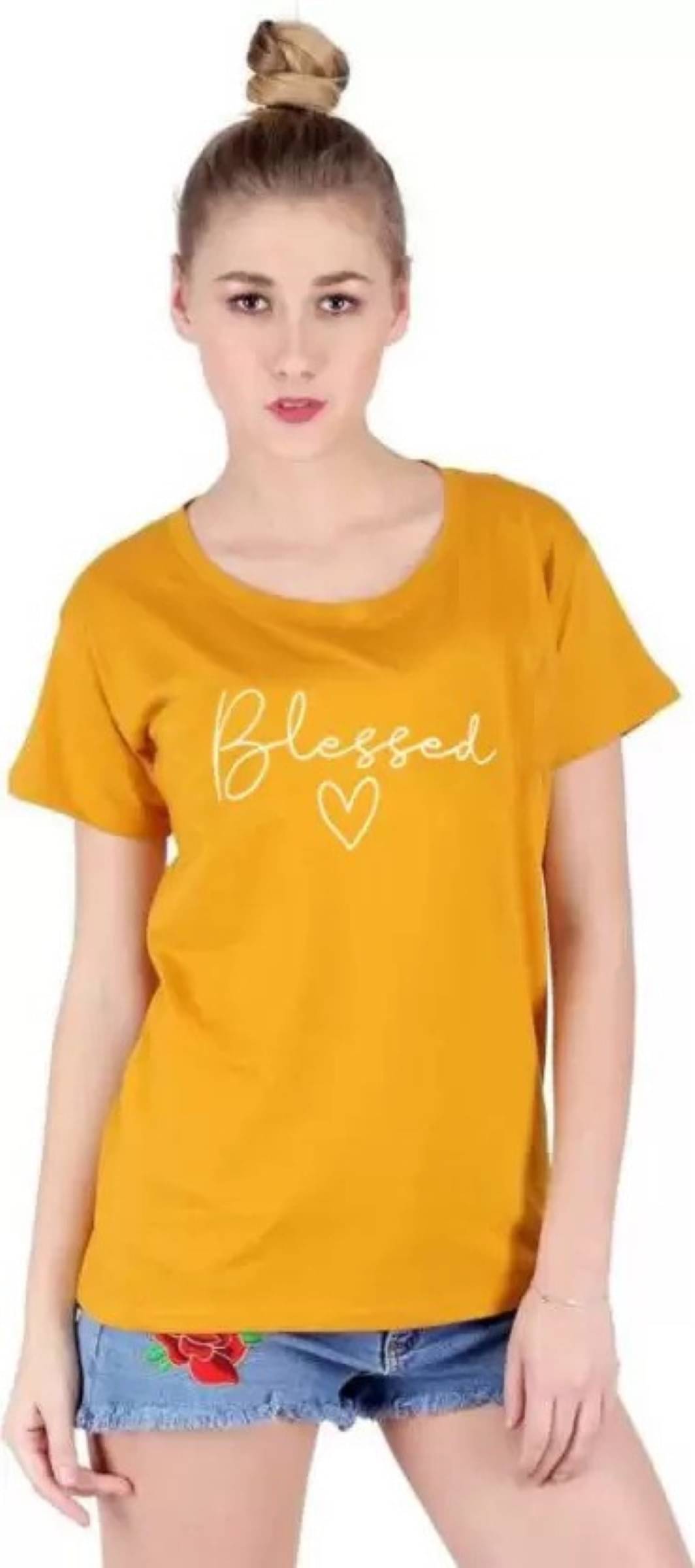     			Kashian Women Cotton Blend Printed Regular Fit Round Neck T-Shirt ( Yellow )
