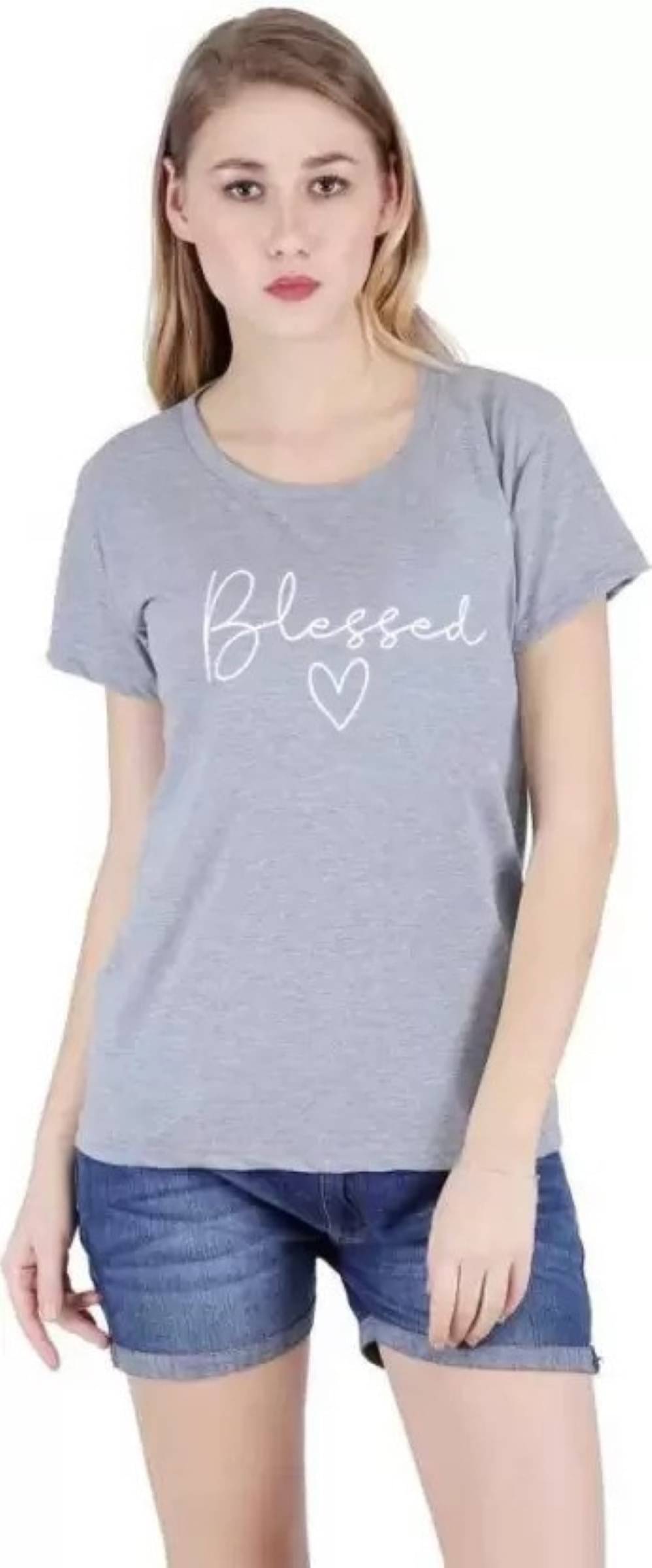 Kashian Women Cotton Blend Printed Regular Fit Round Neck T-Shirt ( Grey )     			Kashian Women Cotton Blend Printed Regular Fit Round Neck T-Shirt ( Grey )