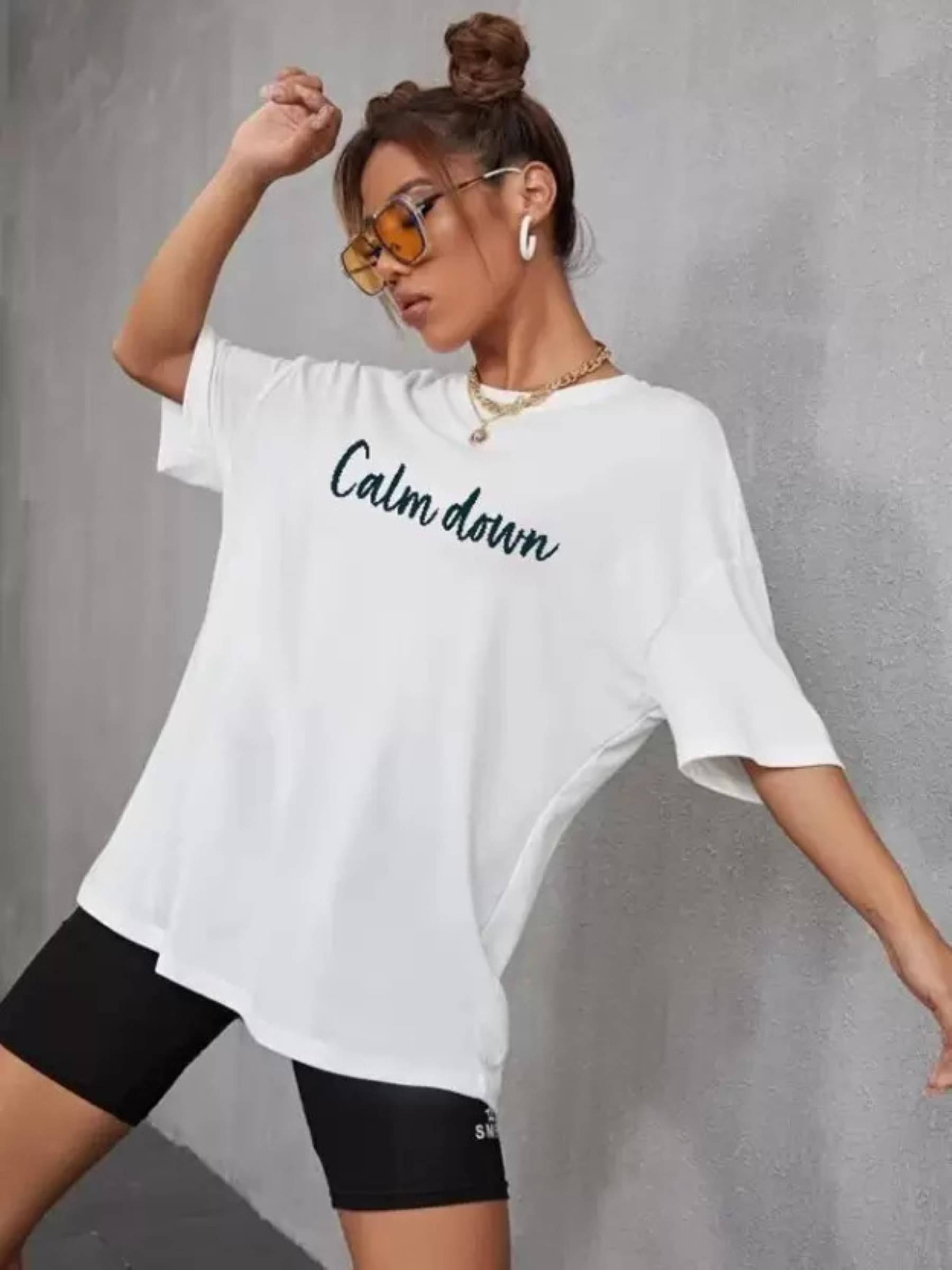 Kashian Women Cotton Blend Printed Oversized Fit Round Neck T-Shirt ( White ) Kashian Women Cotton Blend Printed Oversized Fit Round Neck T-Shirt ( White )