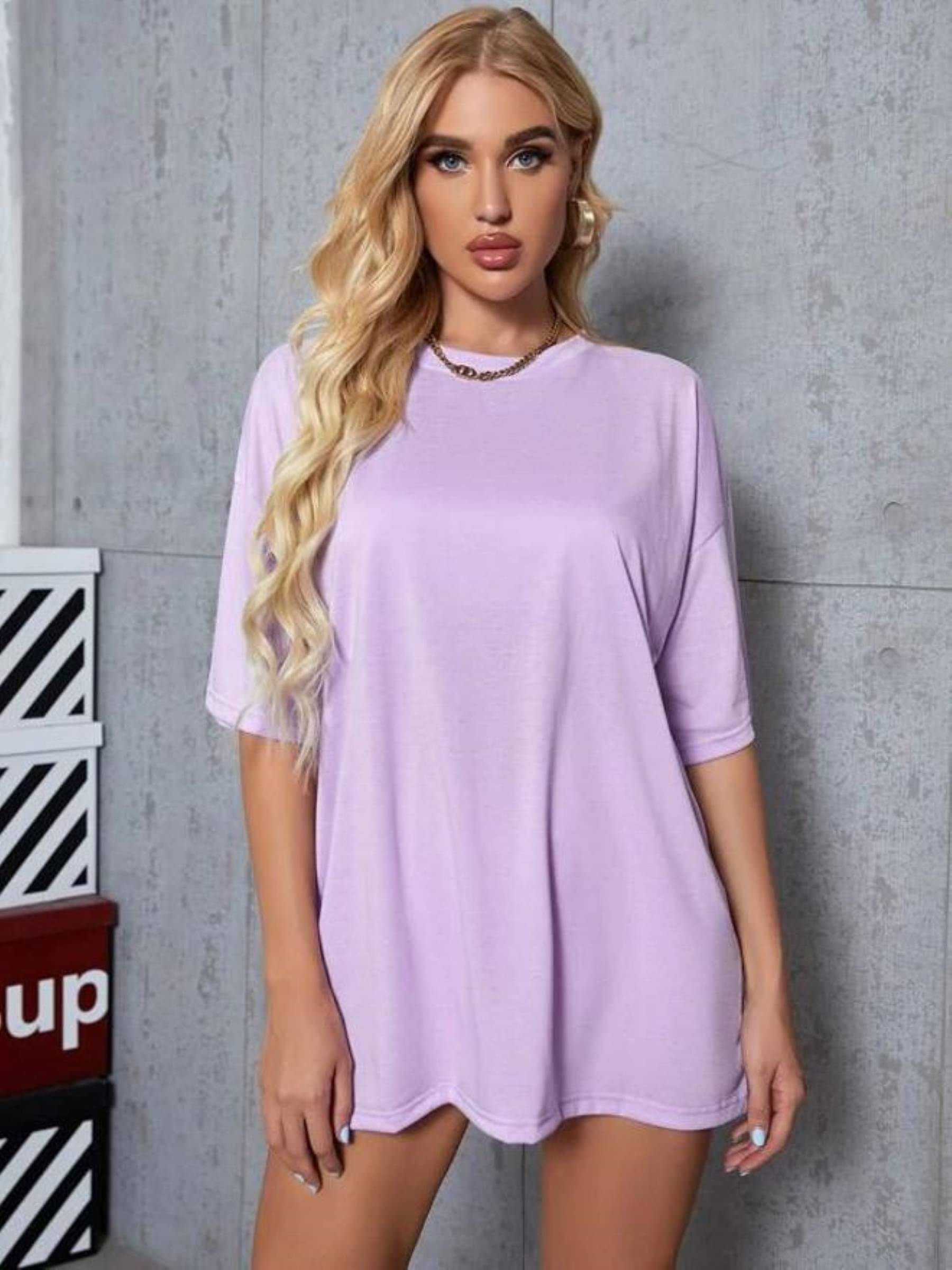     			Kashian Women Cotton Blend Solid Oversized Fit Round Neck T-Shirt ( Purple )