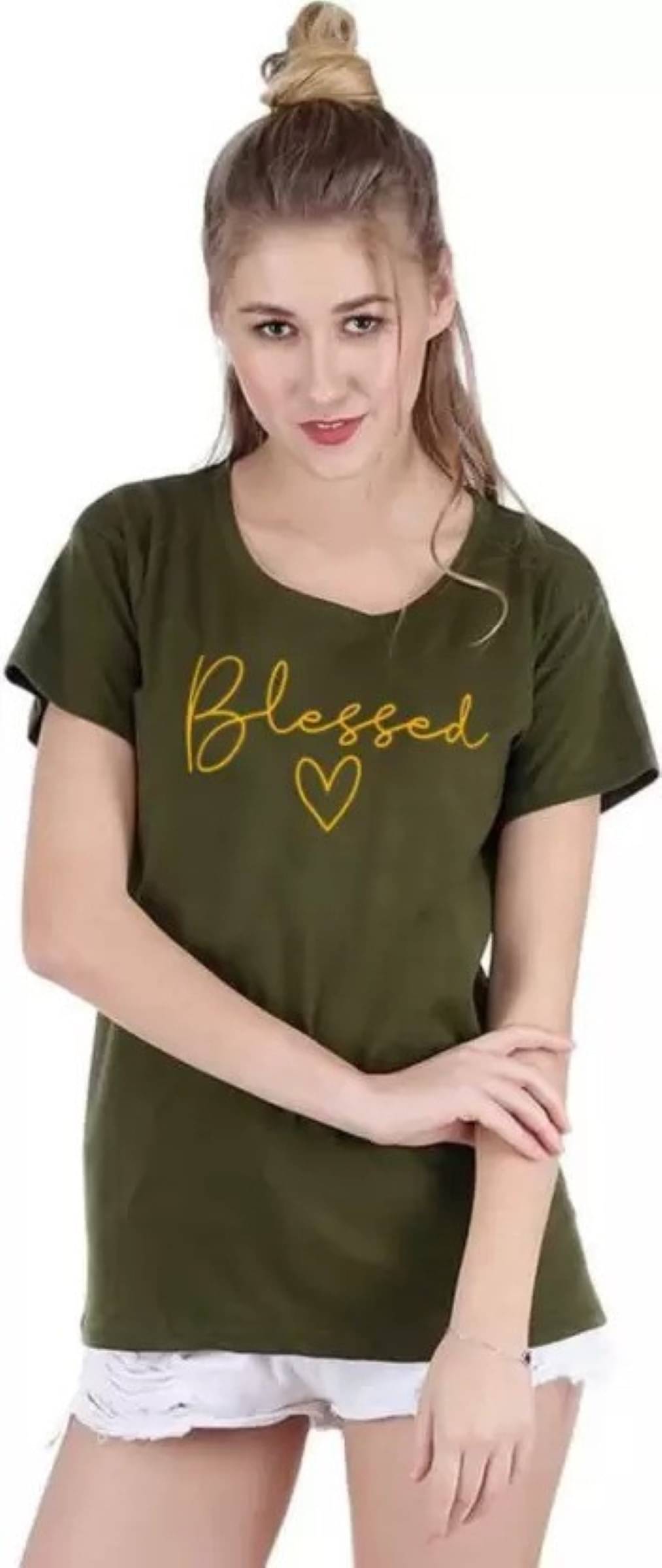     			Kashian Women Cotton Blend Printed Regular Fit Round Neck T-Shirt ( Green )
