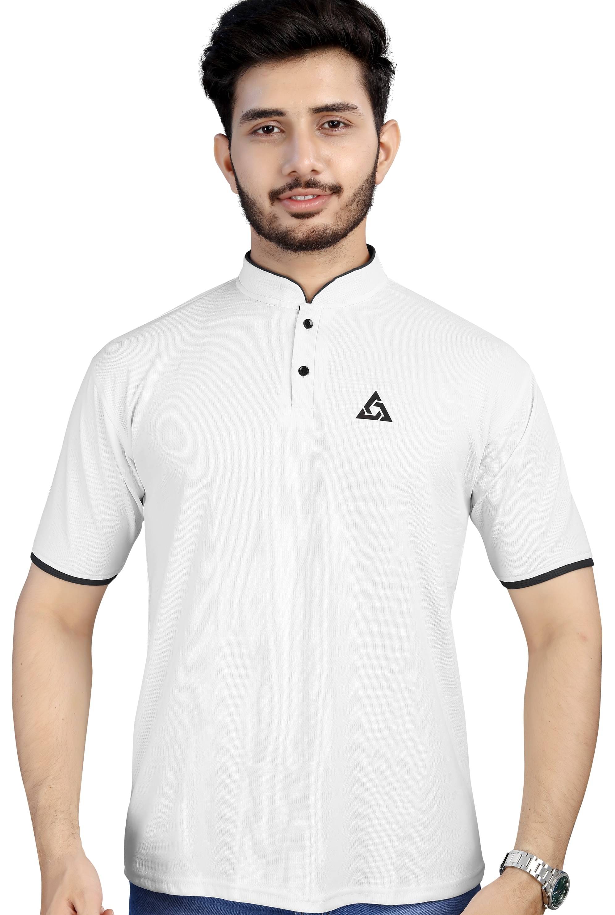 Laadli Cotton Blend Regular Fit Solid Half Sleeves Men's Mandarin Collar T-Shirt - White ( Pack of 1 ) Laadli Cotton Blend Regular Fit Solid Half Sleeves Men's Mandarin Collar T-Shirt - White ( Pack of 1 )
