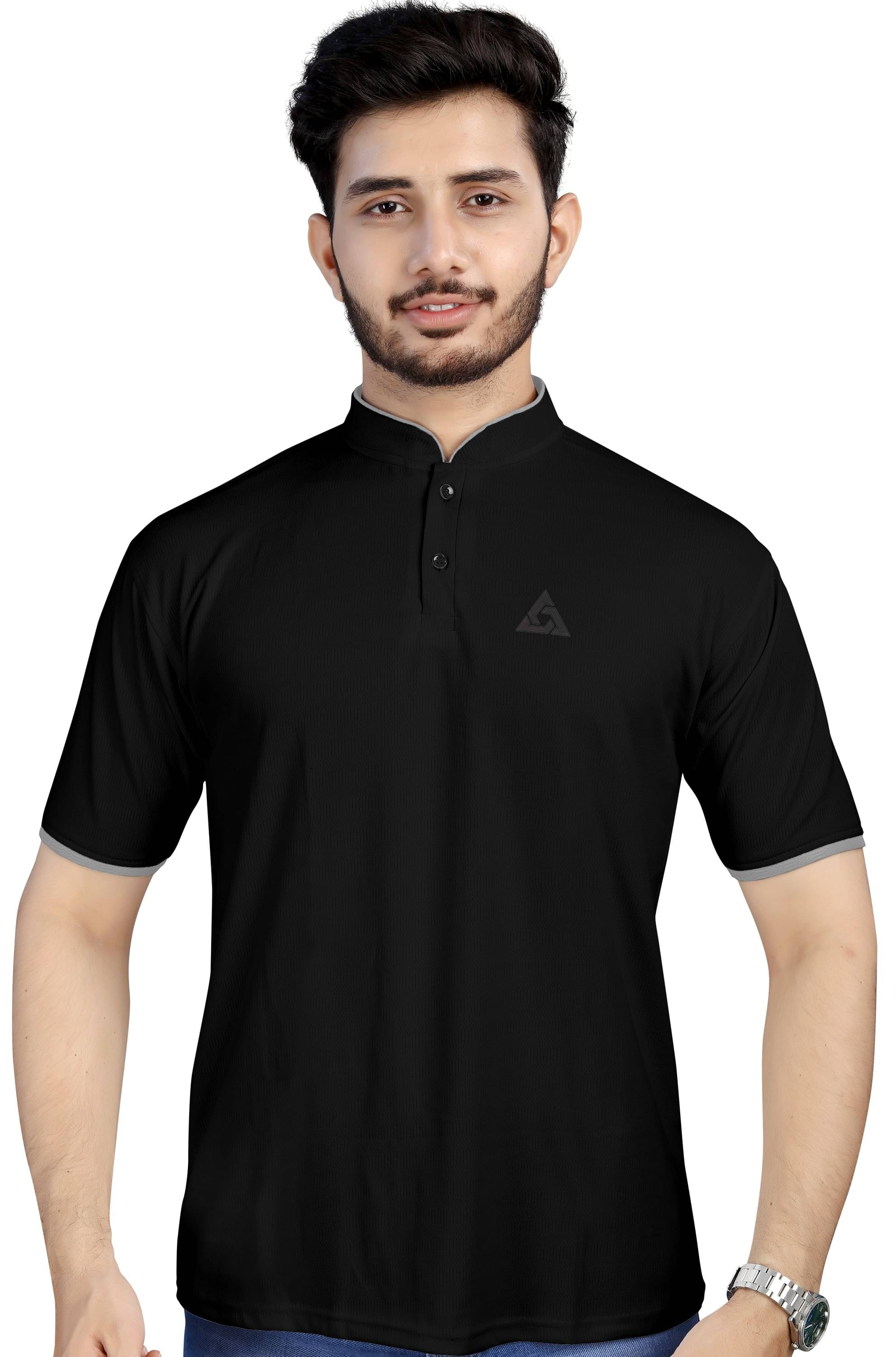     			Laadli Cotton Blend Regular Fit Solid Half Sleeves Men's Mandarin Collar T-Shirt - Black ( Pack of 1 )