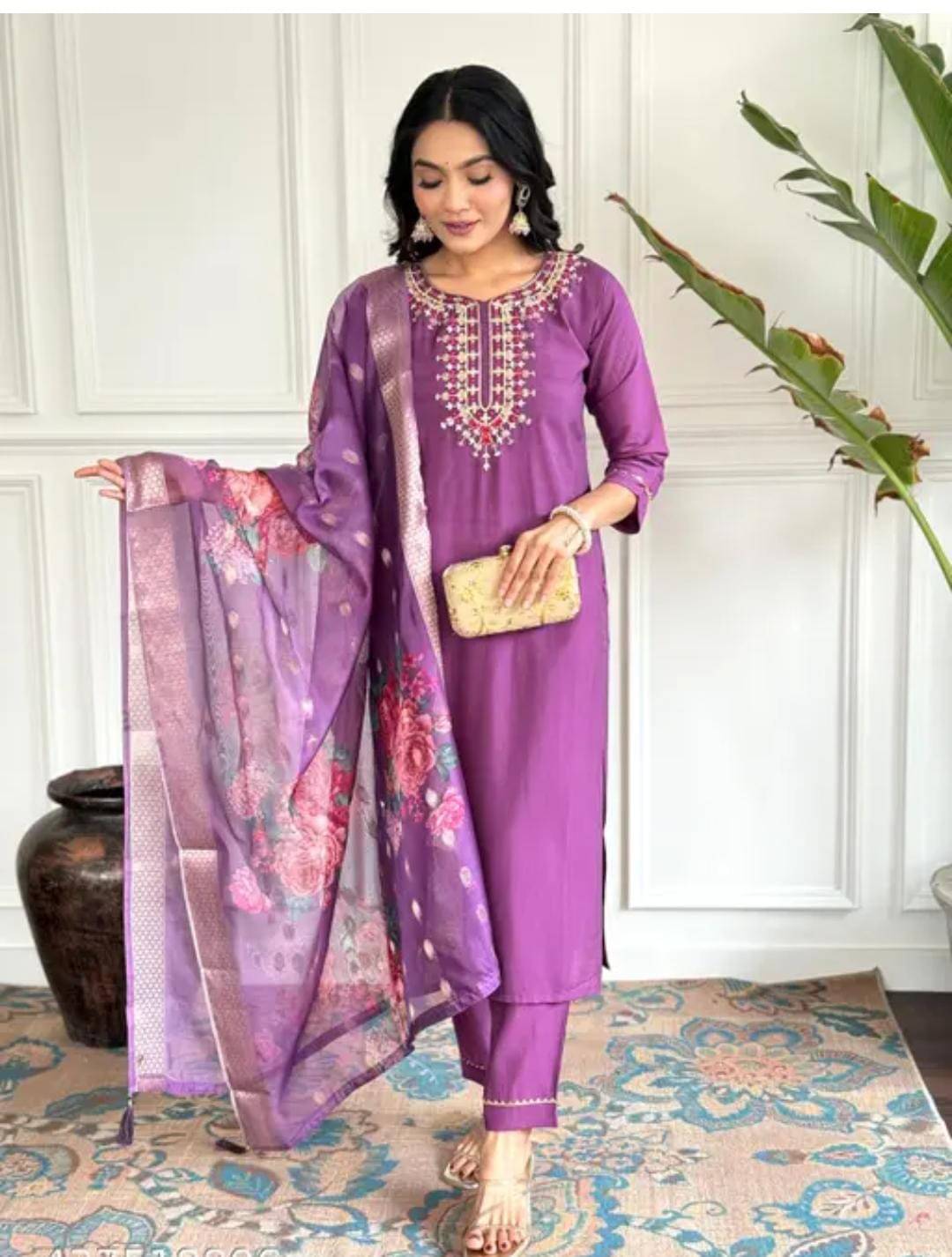 Mahek Fashion Chanderi Embroidered Kurti With Pants Women's Stitched Salwar Suit - Wine ( Pack of 1 ) Mahek Fashion Chanderi Embroidered Kurti With Pants Women's Stitched Salwar Suit - Wine ( Pack of 1 )