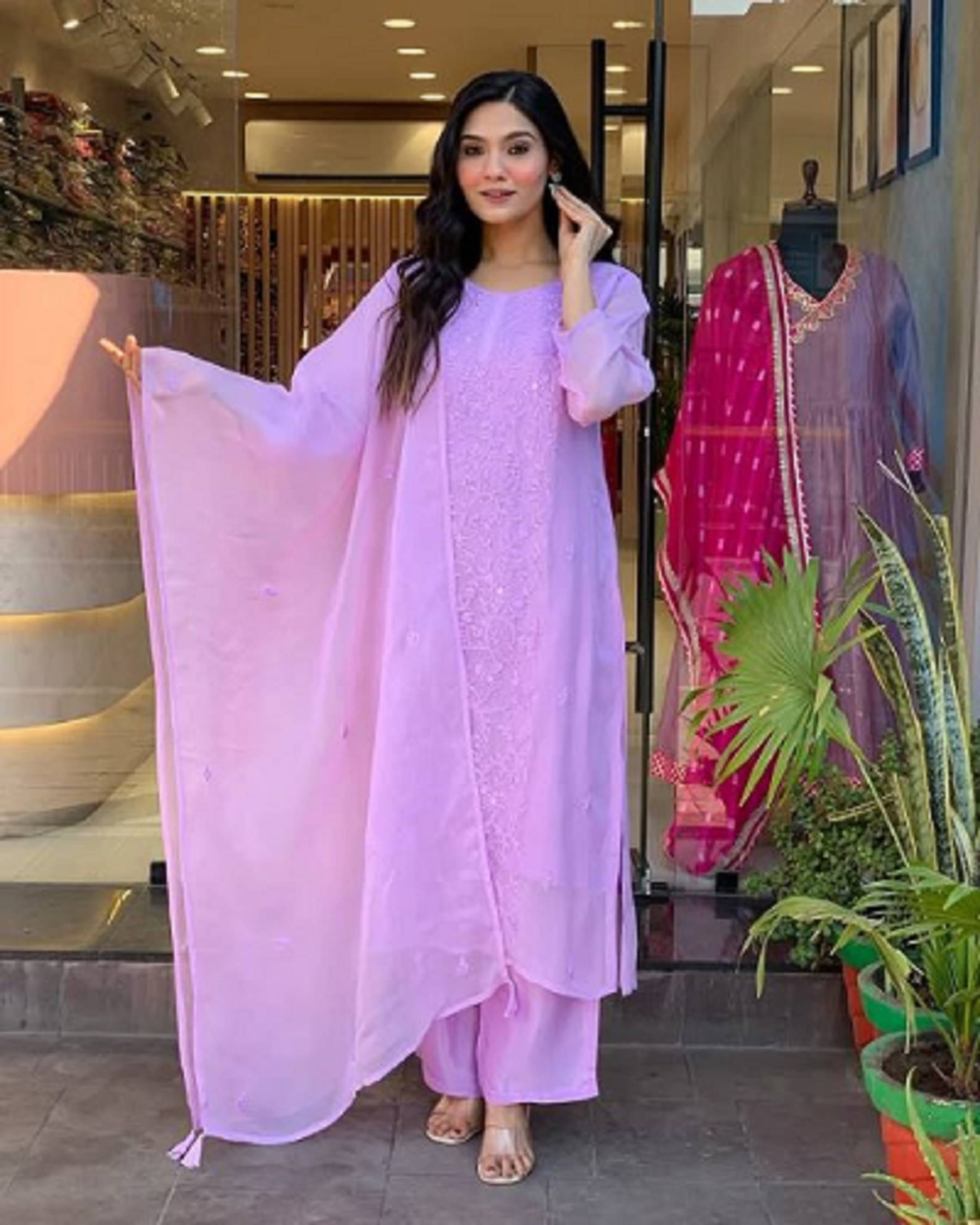     			PURVAIYA CREATION Georgette Embroidered Kurti With Pants Women's Stitched Salwar Suit - Lavender ( Pack of 1 )