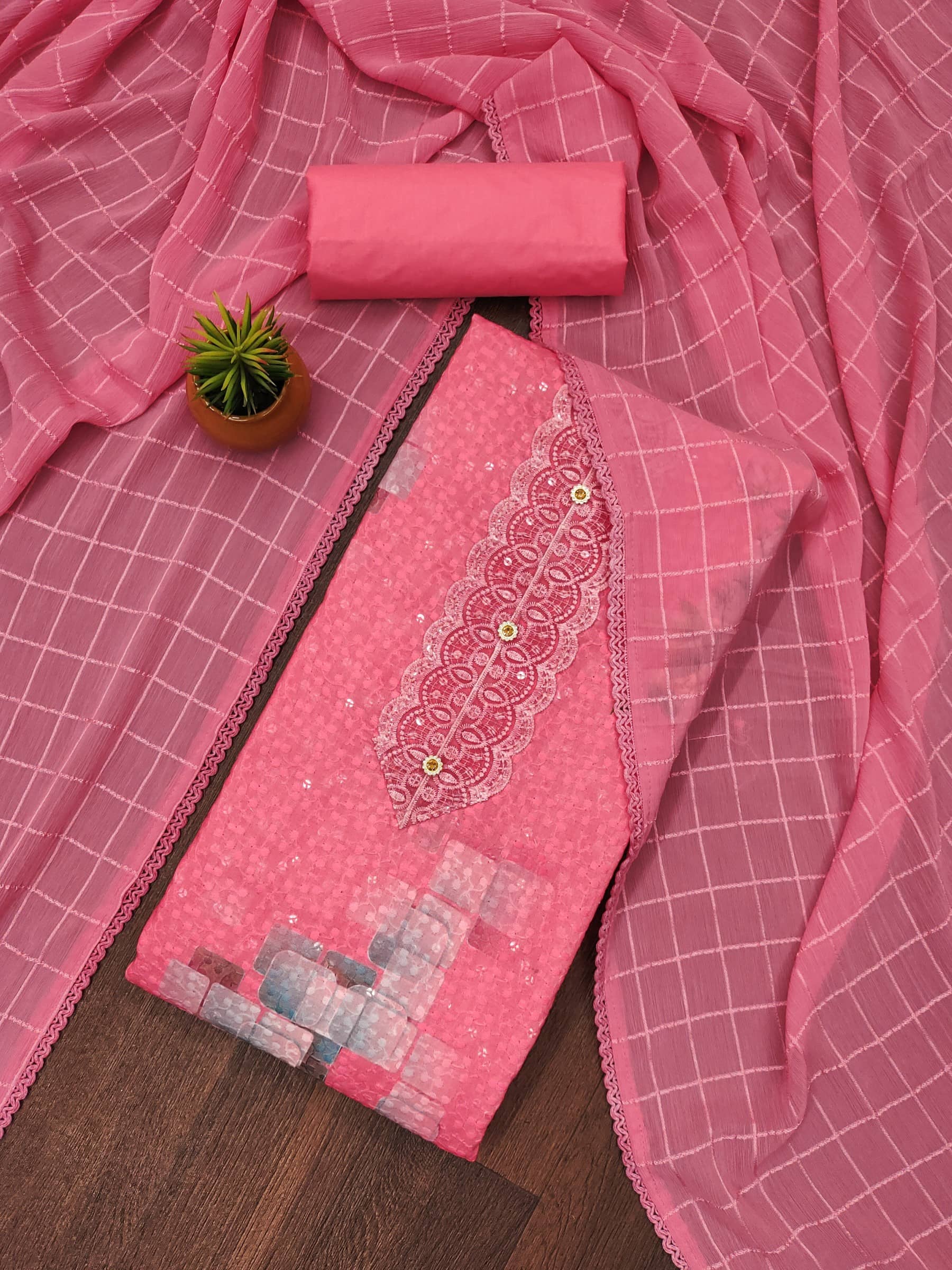 Rangtulika Ethnics Unstitched Cotton Applique Dress Material - Pink ( Pack of 1 ) - Unstitched Fabrics | Buy online on ZillyBuy