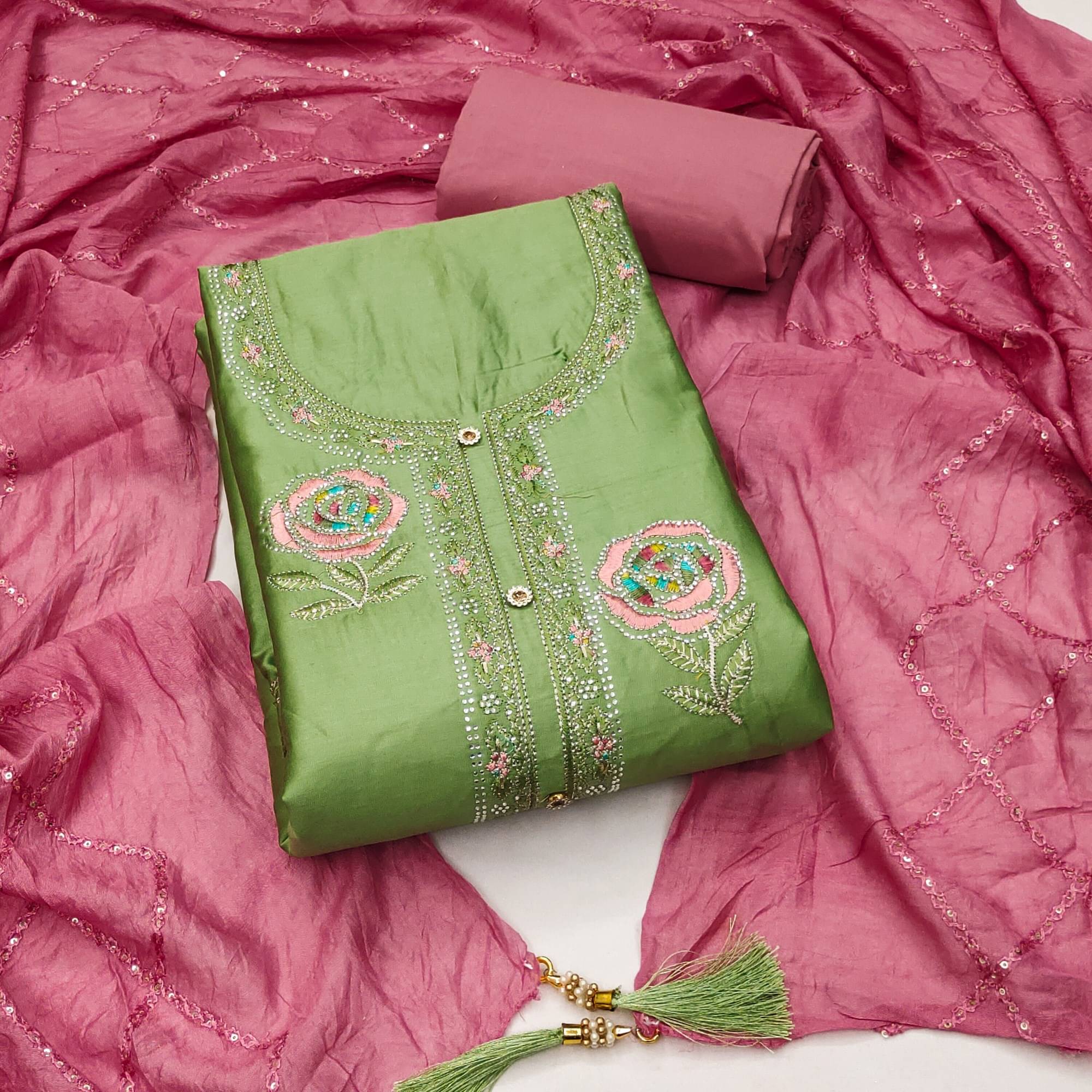 Rangtulika Ethnics Unstitched Cotton Embellished Dress Material - Green ( Pack of 1 ) Rangtulika Ethnics Unstitched Cotton Embellished Dress Material - Green ( Pack of 1 )