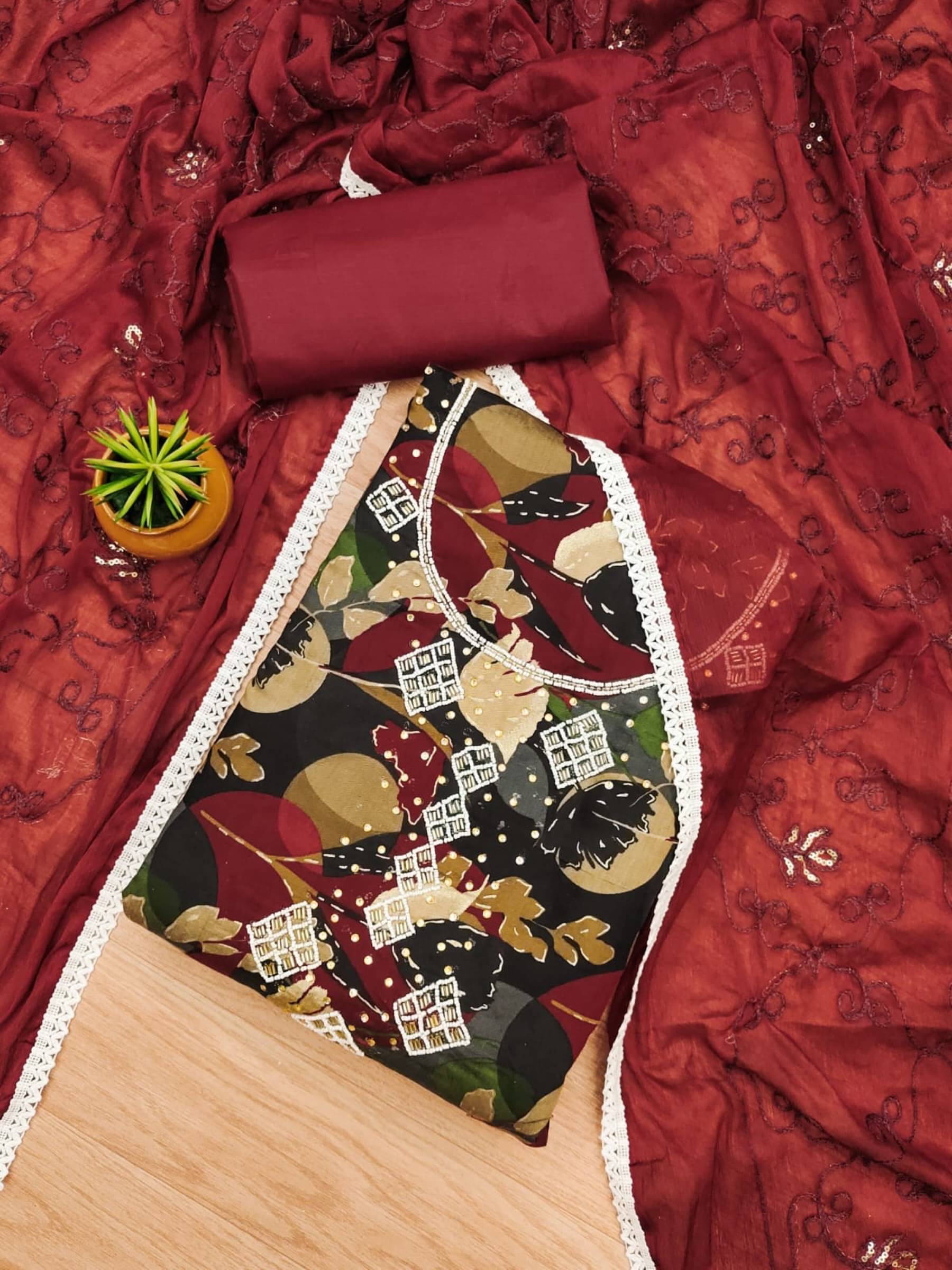     			Rangtulika Ethnics Unstitched Cotton Embroidered Dress Material - Red ( Pack of 1 )