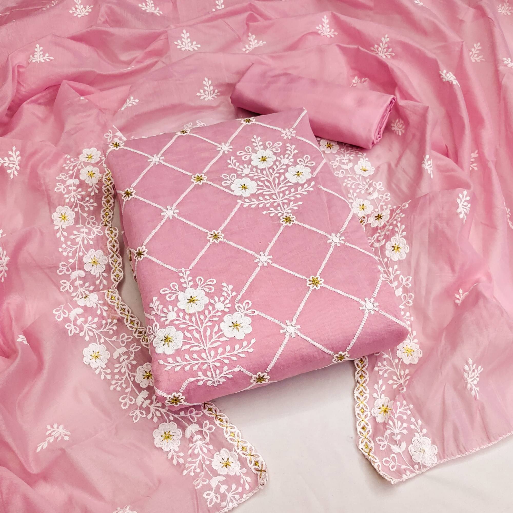     			Rangtulika Ethnics Unstitched Cotton Embroidered Dress Material - Pink ( Pack of 1 )