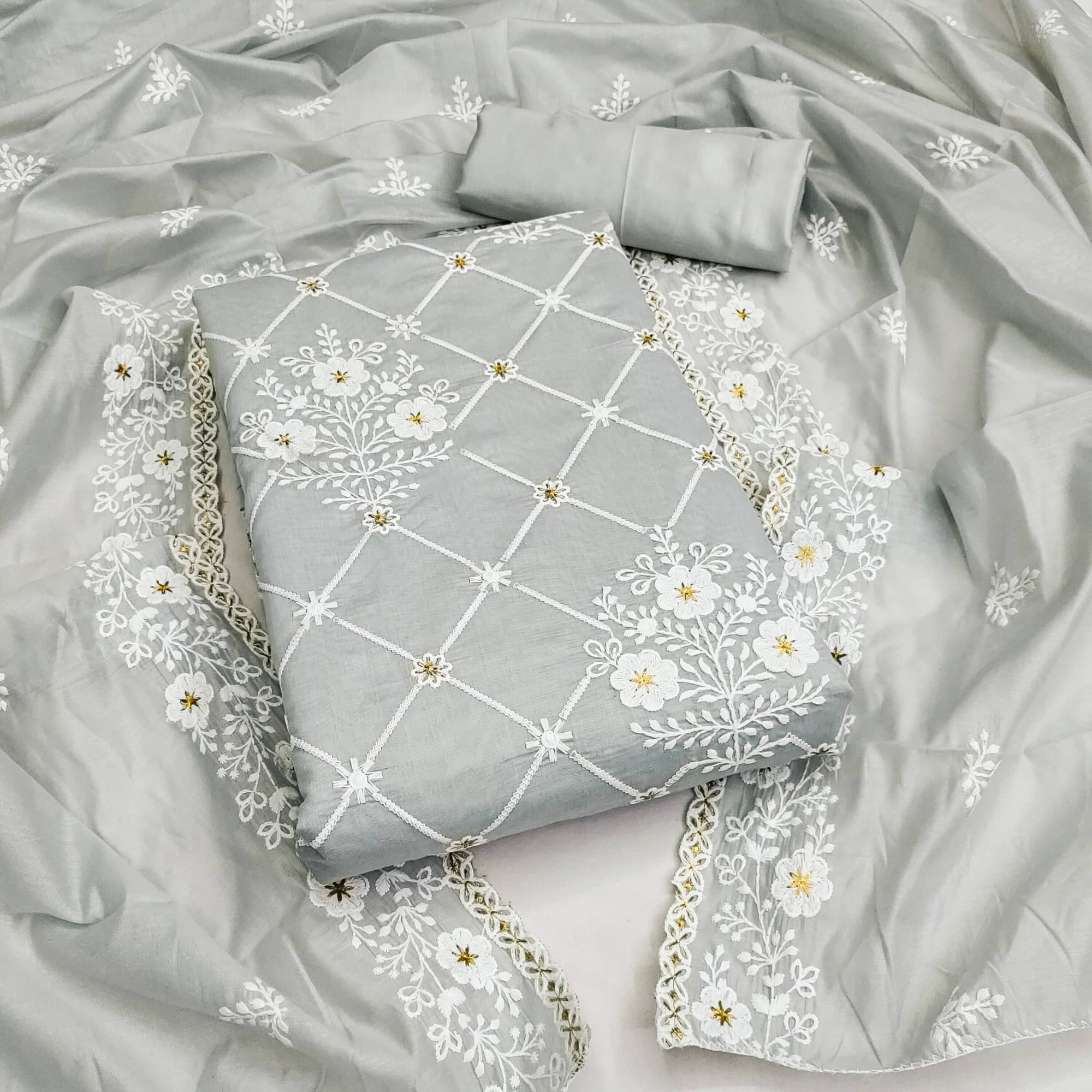 Rangtulika Ethnics Unstitched Cotton Embroidered Dress Material - Grey ( Pack of 1 )     			Rangtulika Ethnics Unstitched Cotton Embroidered Dress Material - Grey ( Pack of 1 )