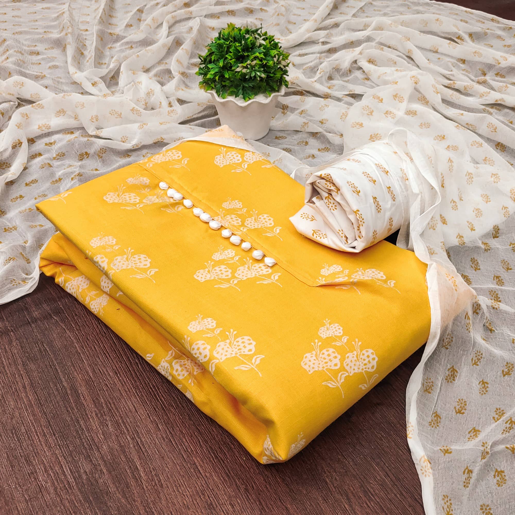 Rangtulika Ethnics Unstitched Cotton Printed Dress Material - Yellow ( Pack of 1 ) - Unstitched Fabrics | Buy online on ZillyBuy