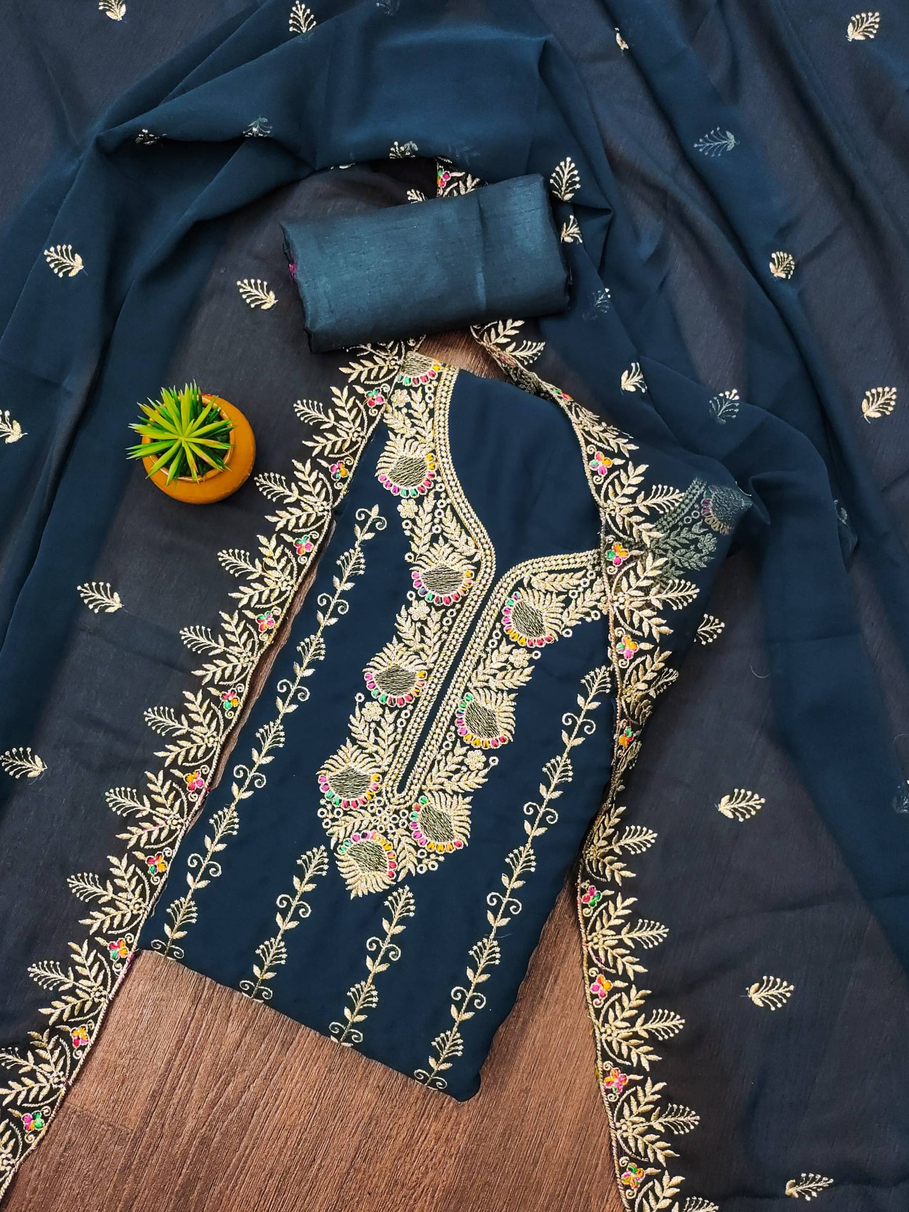     			Rangtulika Ethnics Unstitched Georgette Embroidered Dress Material - Blue ( Pack of 1 )