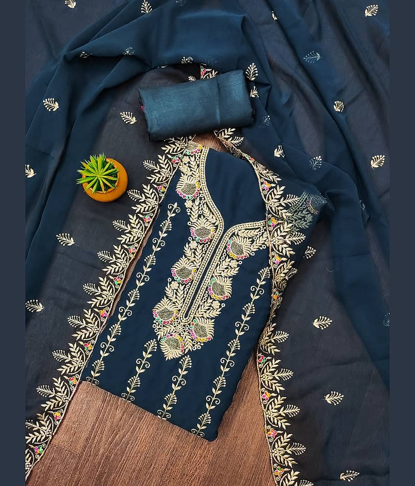 Rangtulika Ethnics Unstitched Georgette Embroidered Dress Material - Blue ( Pack of 1 ) - Unstitched Fabrics | Buy online on ZillyBuy