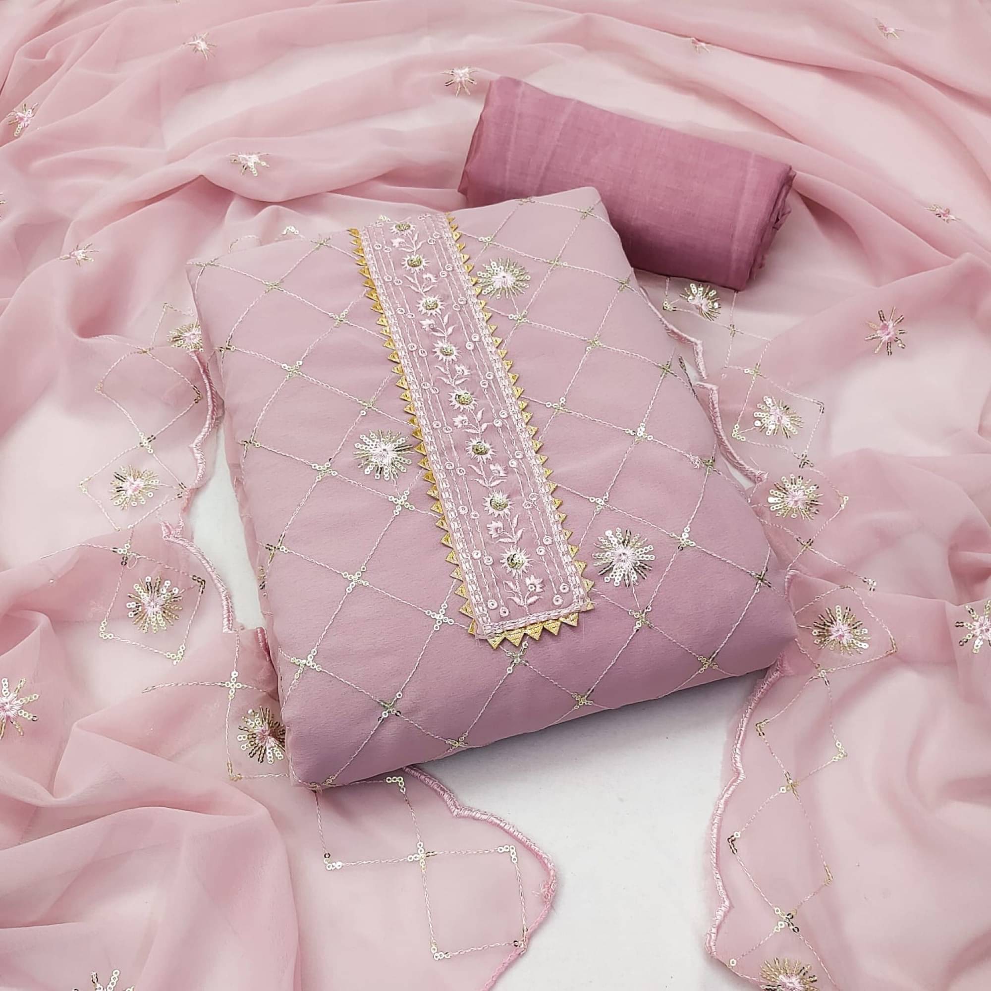     			Rangtulika Ethnics Unstitched Georgette Embroidered Dress Material - Lavender ( Pack of 1 )