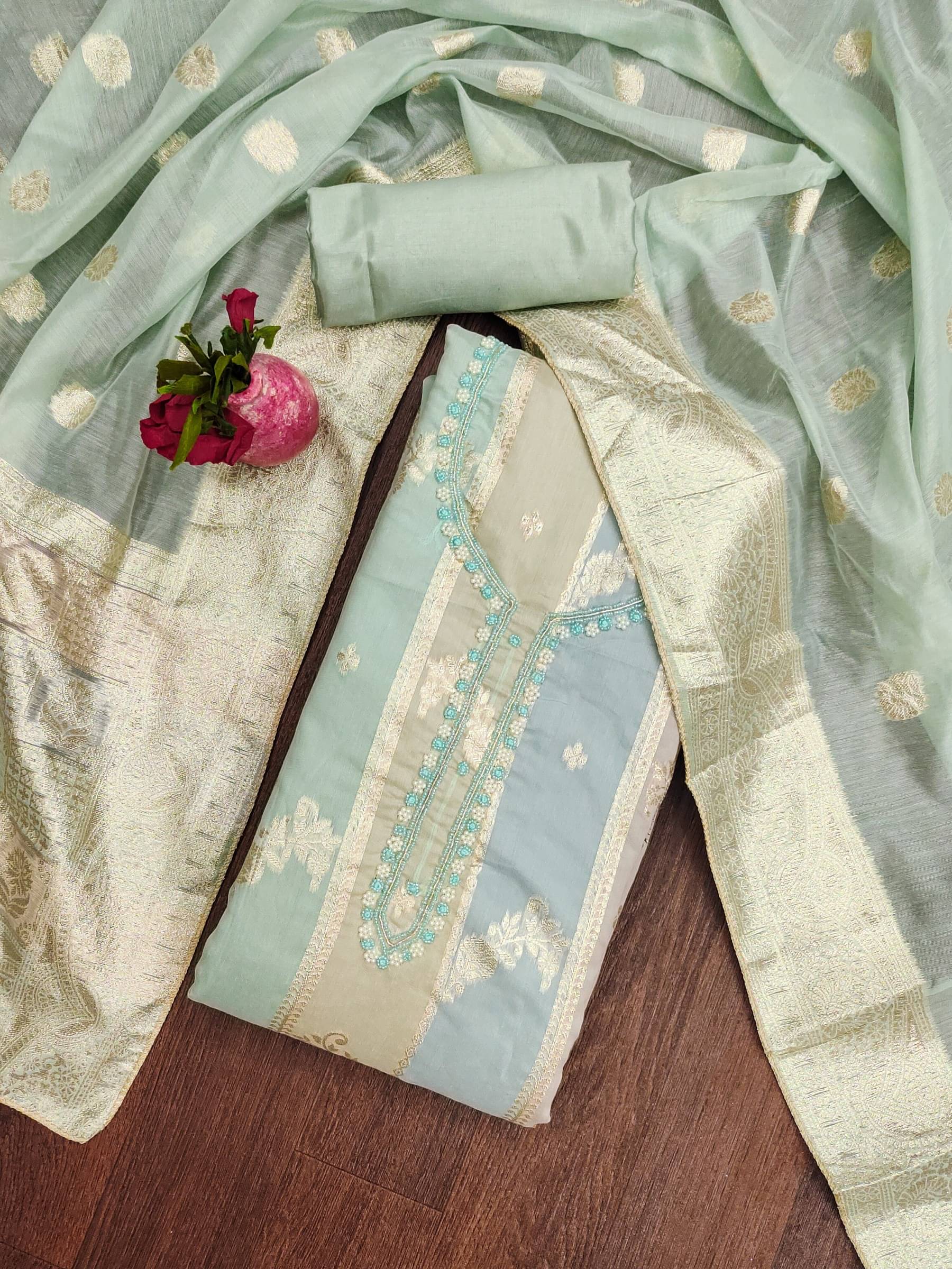     			Rangtulika Ethnics Unstitched Jacquard Embroidered Dress Material - Green ( Pack of 1 )