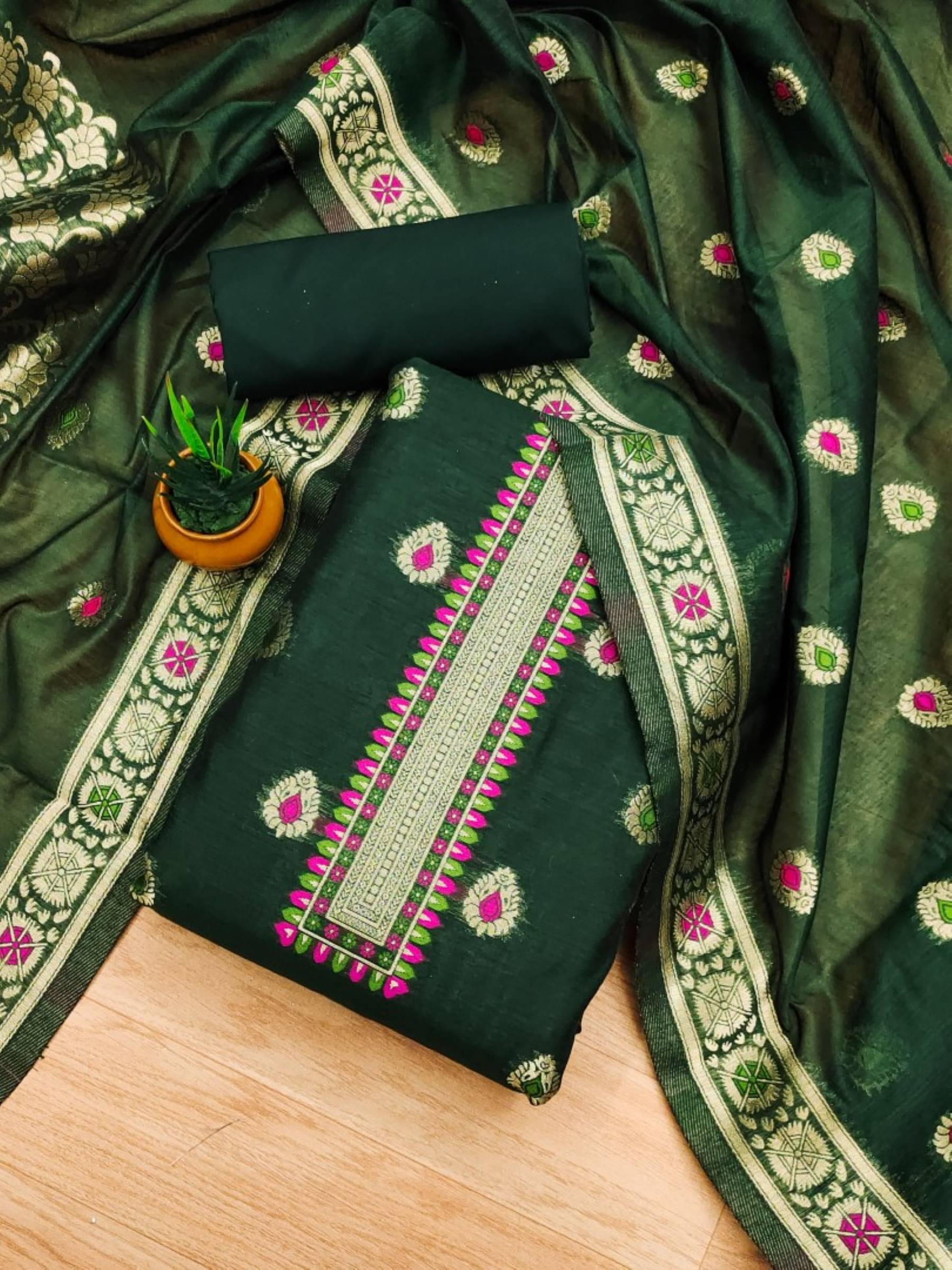 Rangtulika Ethnics Unstitched Silk Blend Embellished Dress Material - Green ( Pack of 1 ) Rangtulika Ethnics Unstitched Silk Blend Embellished Dress Material - Green ( Pack of 1 )