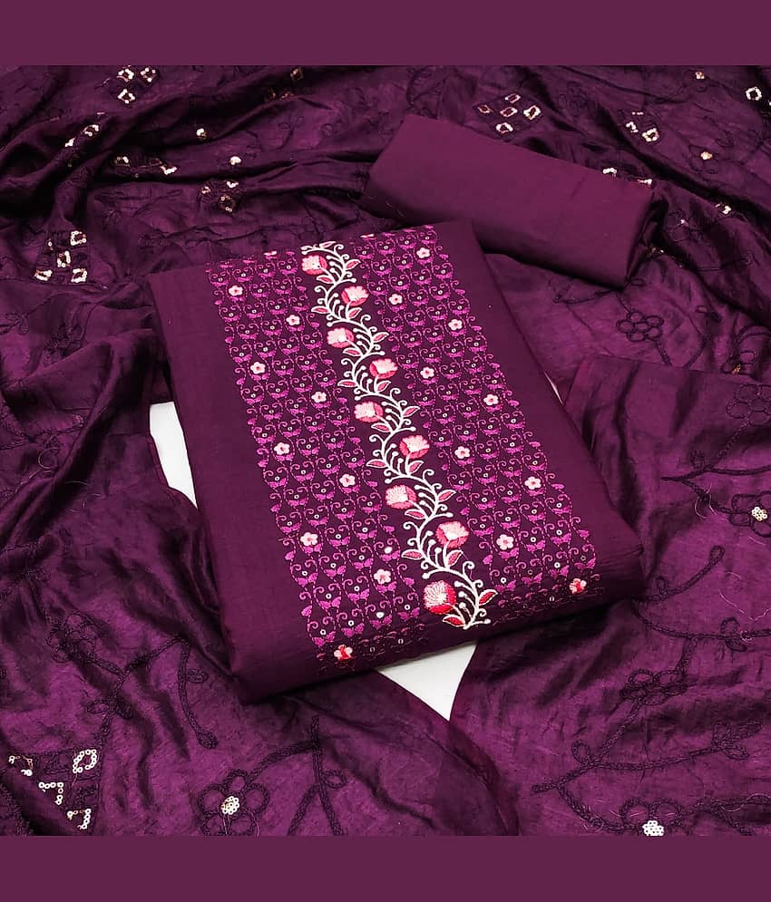 Rangtulika Ethnics Unstitched Silk Blend Embroidered Dress Material - Purple ( Pack of 1 ) - Unstitched Fabrics | Buy online on ZillyBuy