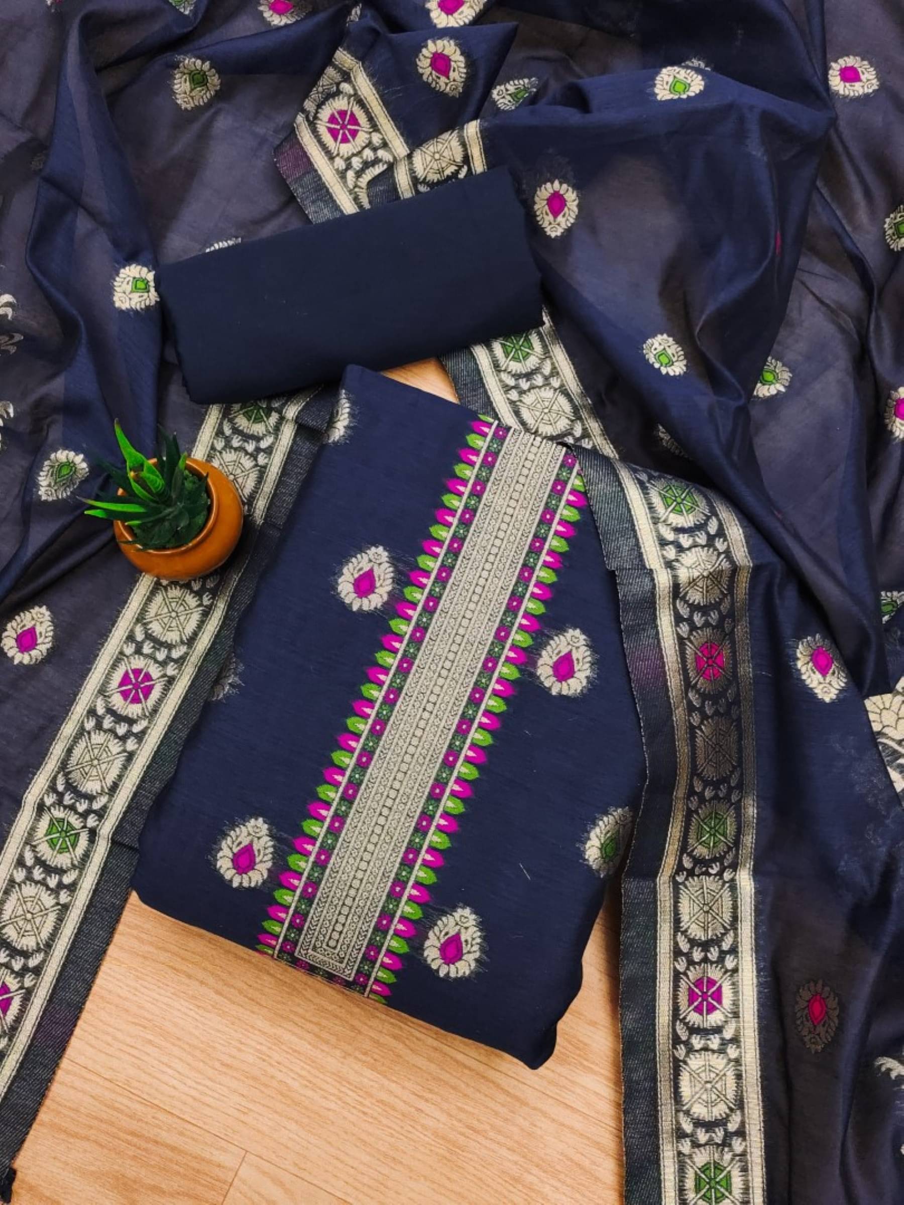 Rangtulika Ethnics Unstitched Silk Blend Embroidered Dress Material - Blue ( Pack of 1 ) Rangtulika Ethnics Unstitched Silk Blend Embroidered Dress Material - Blue ( Pack of 1 )